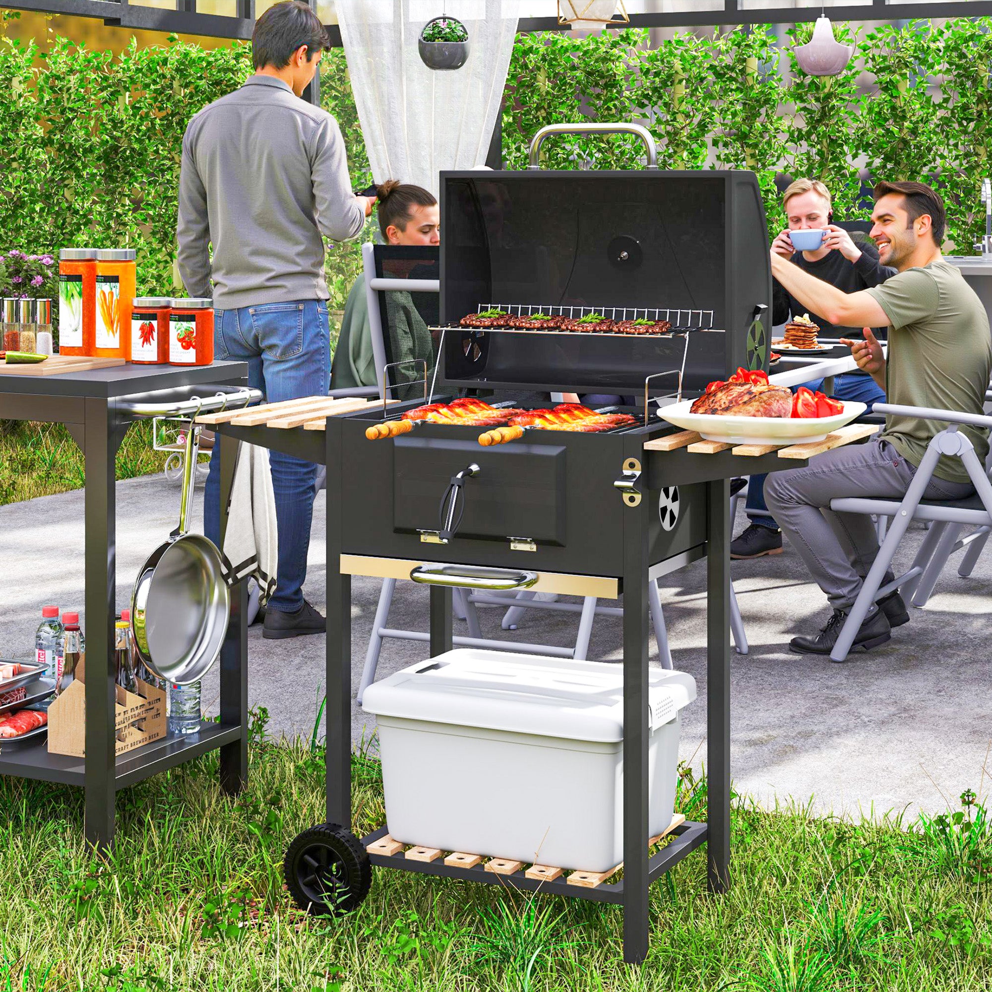 Outsunny Charcoal BBQ Grill with Warming Rack, Thermometer & 3 Shelves