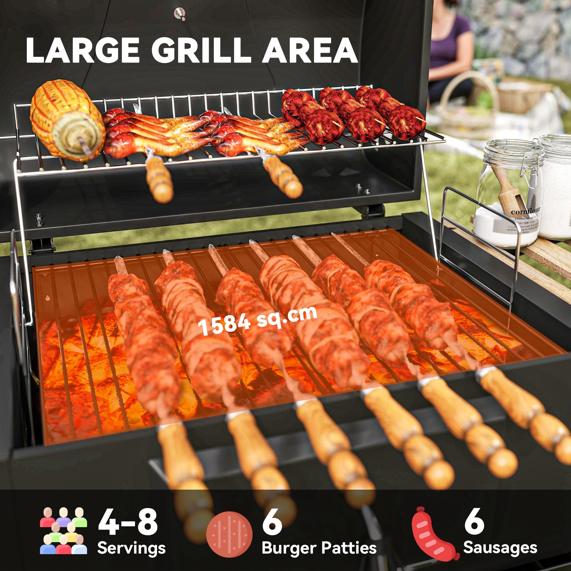 Outsunny Charcoal BBQ Grill with Warming Rack, Thermometer & 3 Shelves