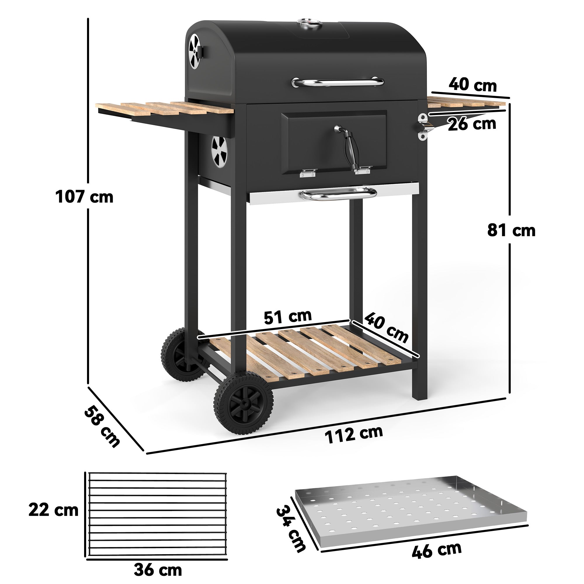 Outsunny Charcoal BBQ Grill with Warming Rack, Thermometer & 3 Shelves