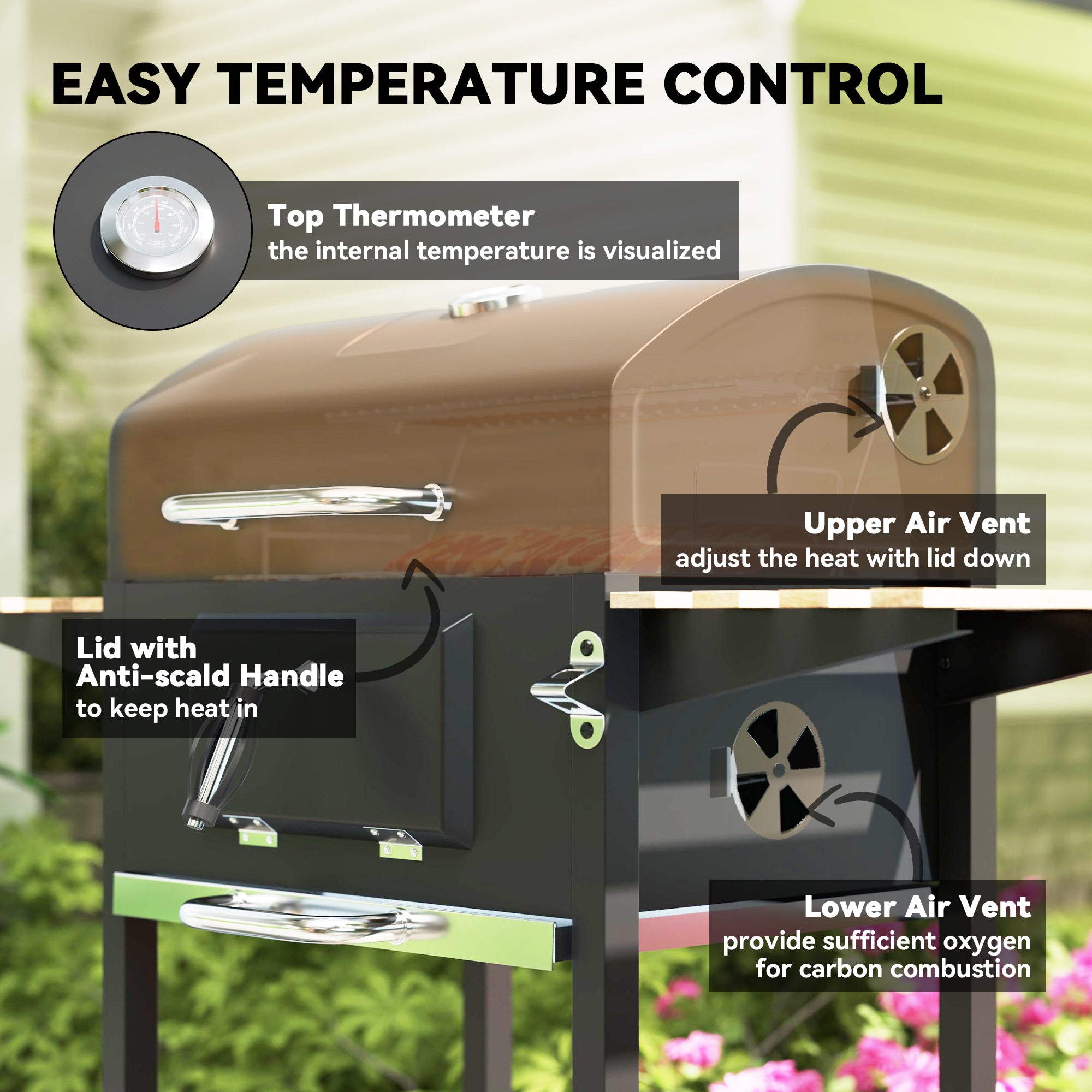 Outsunny Charcoal BBQ Grill with Warming Rack, Thermometer & 3 Shelves