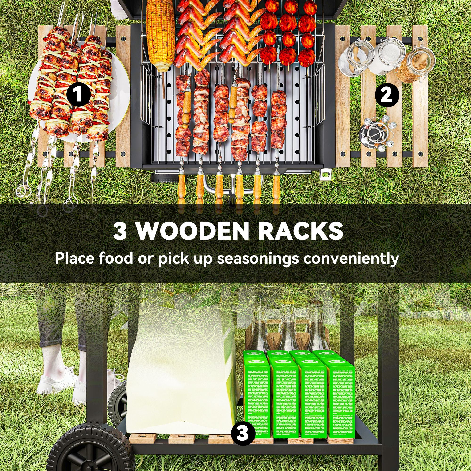 Outsunny Charcoal BBQ Grill with Warming Rack, Thermometer & 3 Shelves