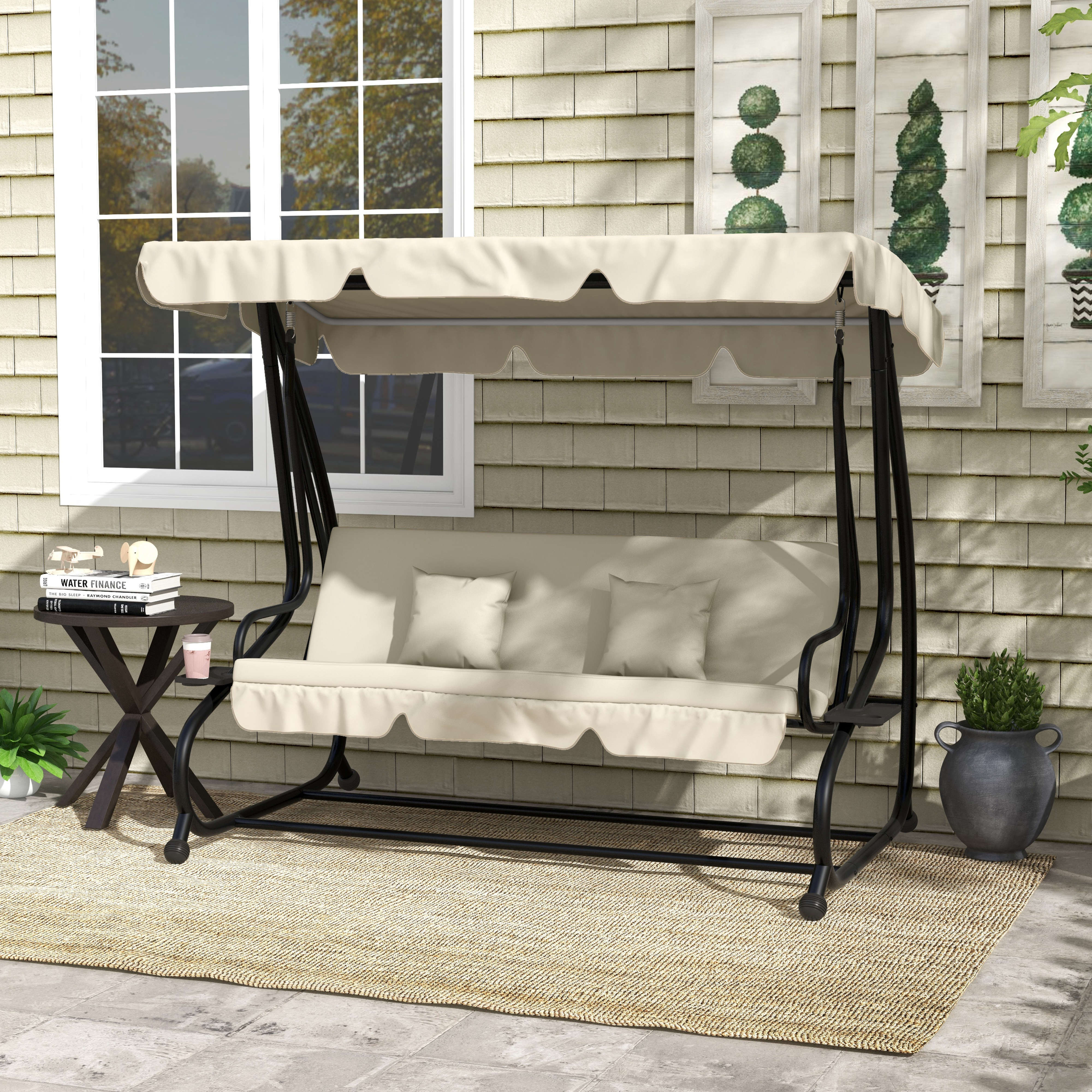 Outsunny 3-Seater Convertible Garden Swing Chair with Adjustable Canopy, Cream