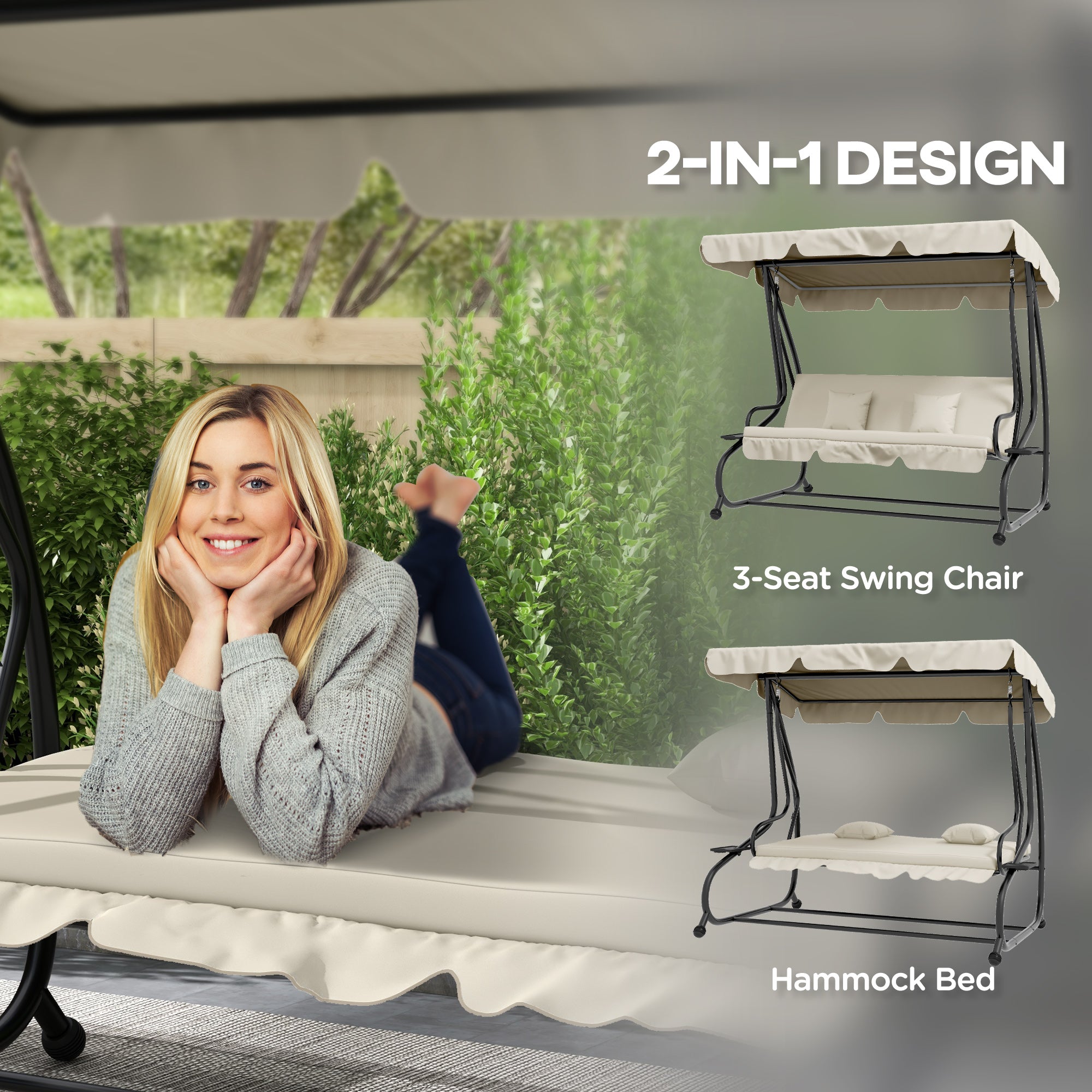 Outsunny 3-Seater Convertible Garden Swing Chair with Adjustable Canopy, Cream