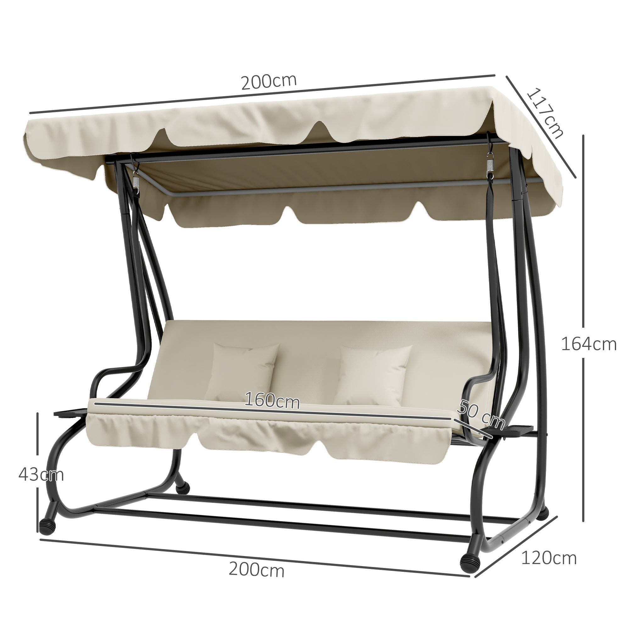 Outsunny 3-Seater Convertible Garden Swing Chair with Adjustable Canopy, Cream