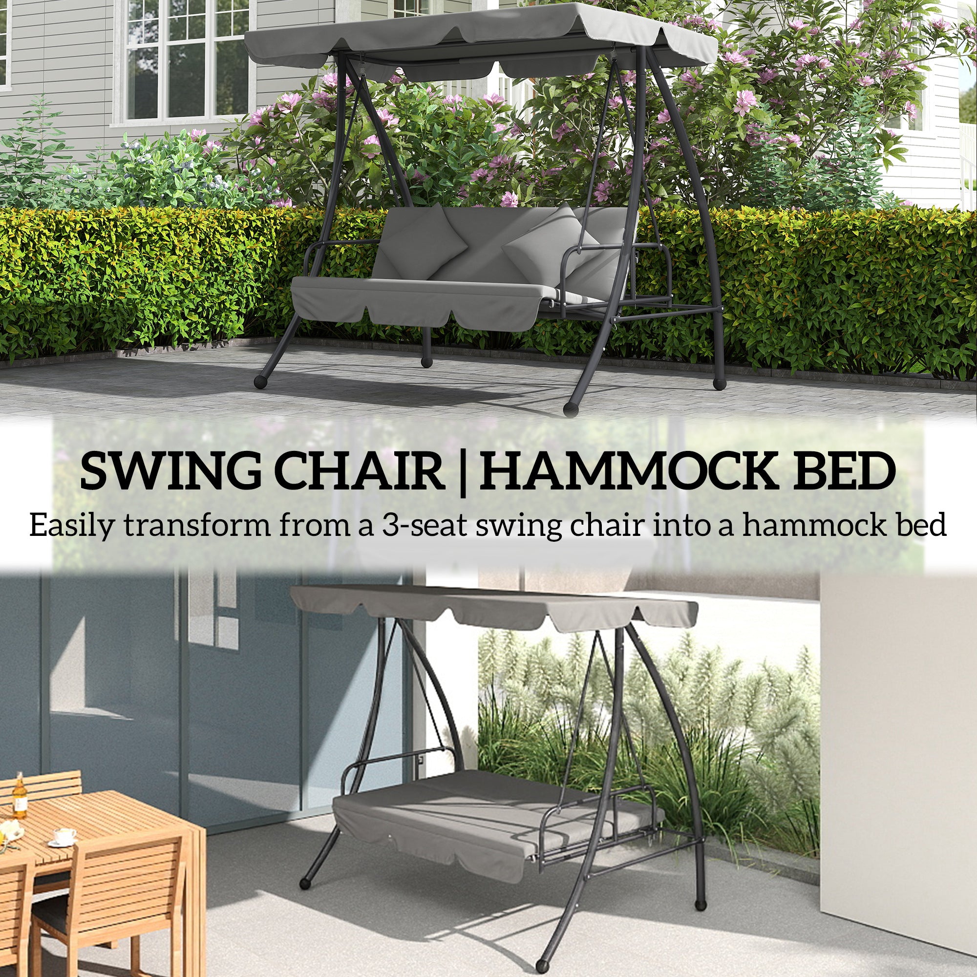 Outsunny 2-in-1 3-Seater Swing Chair Bed with Adjustable Canopy