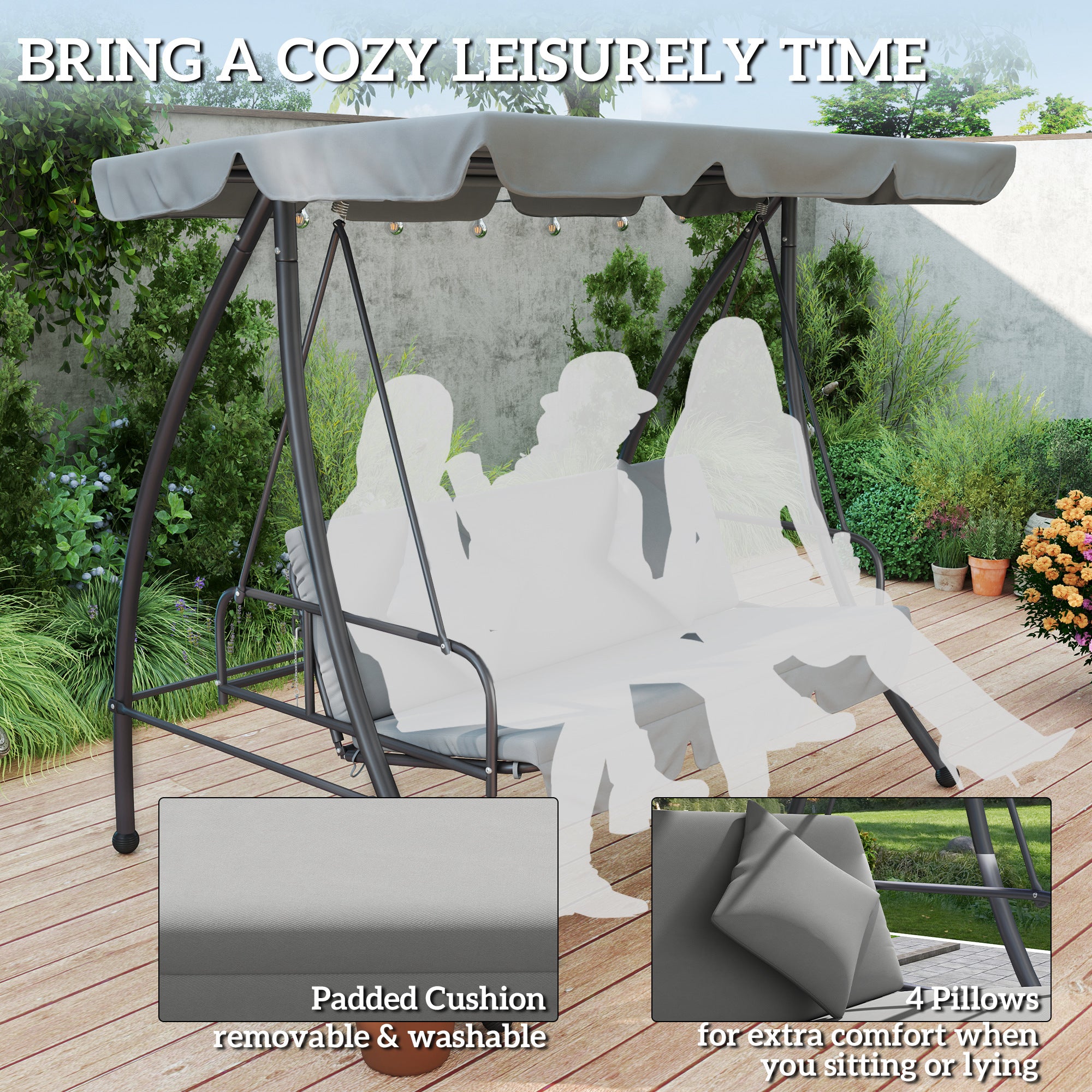 Outsunny 2-in-1 3-Seater Swing Chair Bed with Adjustable Canopy