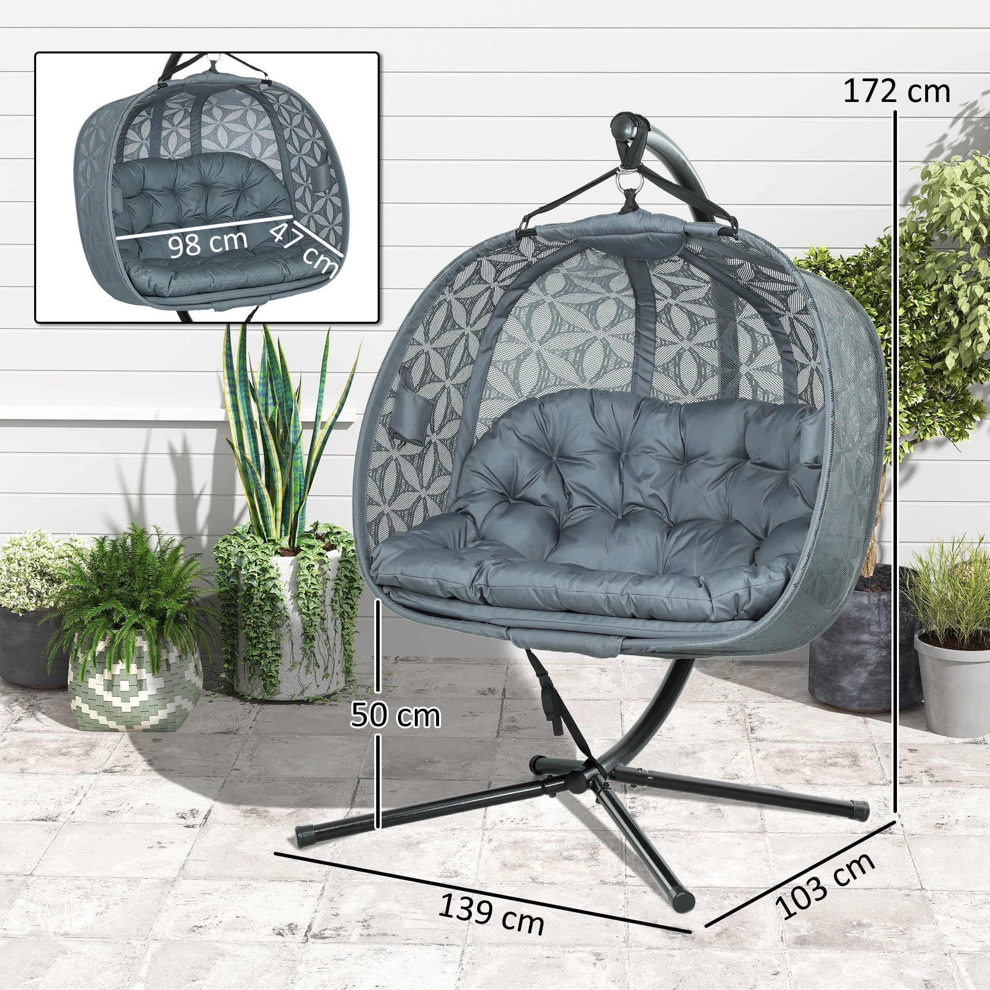 Outsunny Two-Seater Hanging Swing Chair with Stand and Cup Holders
