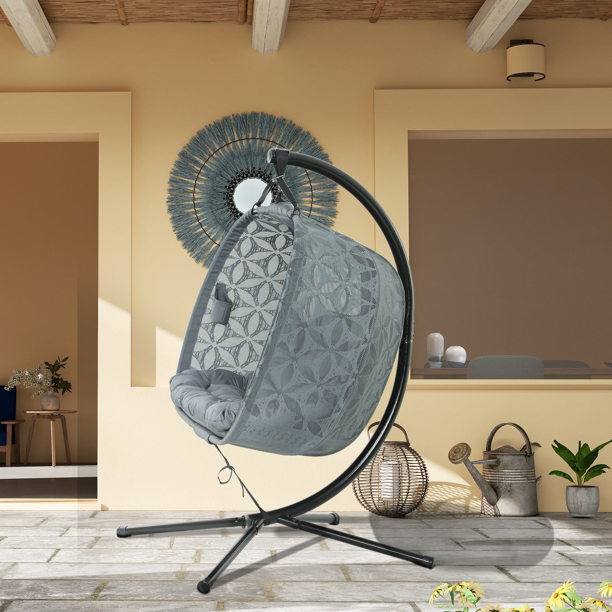 Outsunny Two-Seater Hanging Swing Chair with Stand and Cup Holders