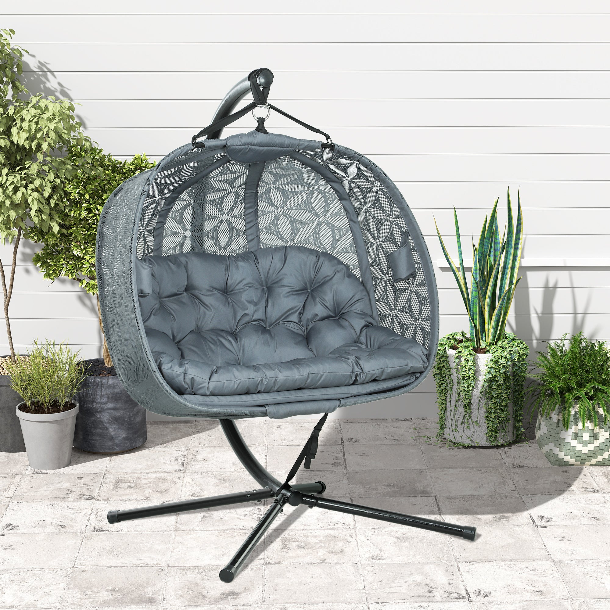 Outsunny Two-Seater Hanging Swing Chair with Stand and Cup Holders