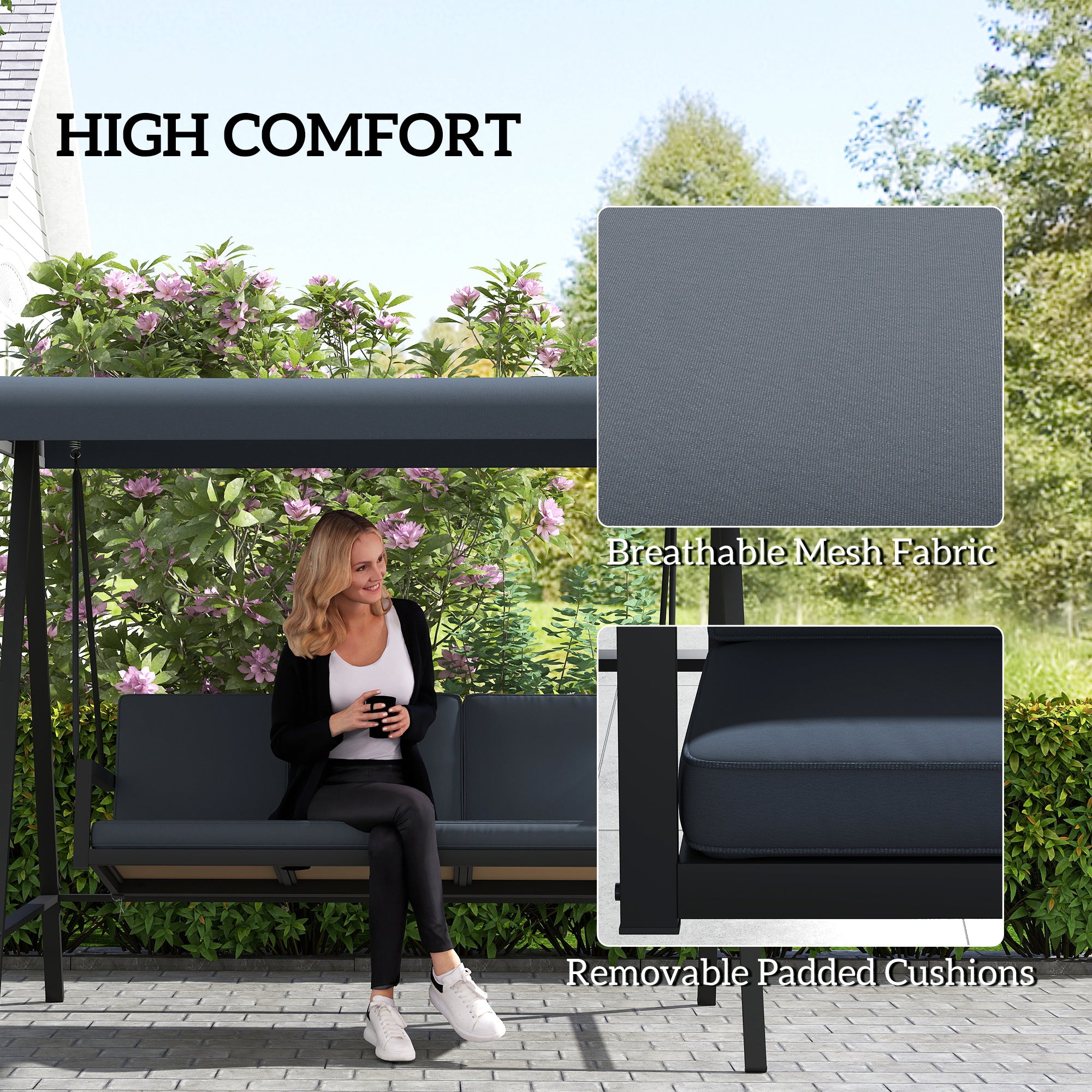 Outsunny 3 Seater Garden Swing Chair, Adjustable Canopy, Dark Grey