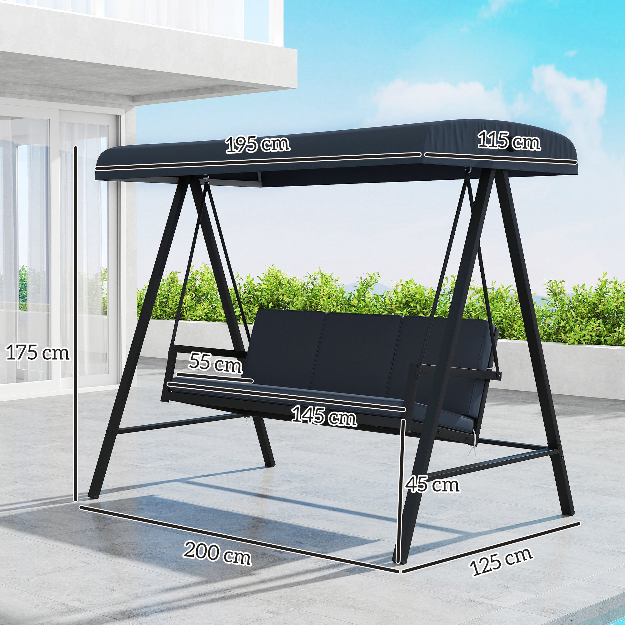 Outsunny 3 Seater Garden Swing Chair, Adjustable Canopy, Dark Grey