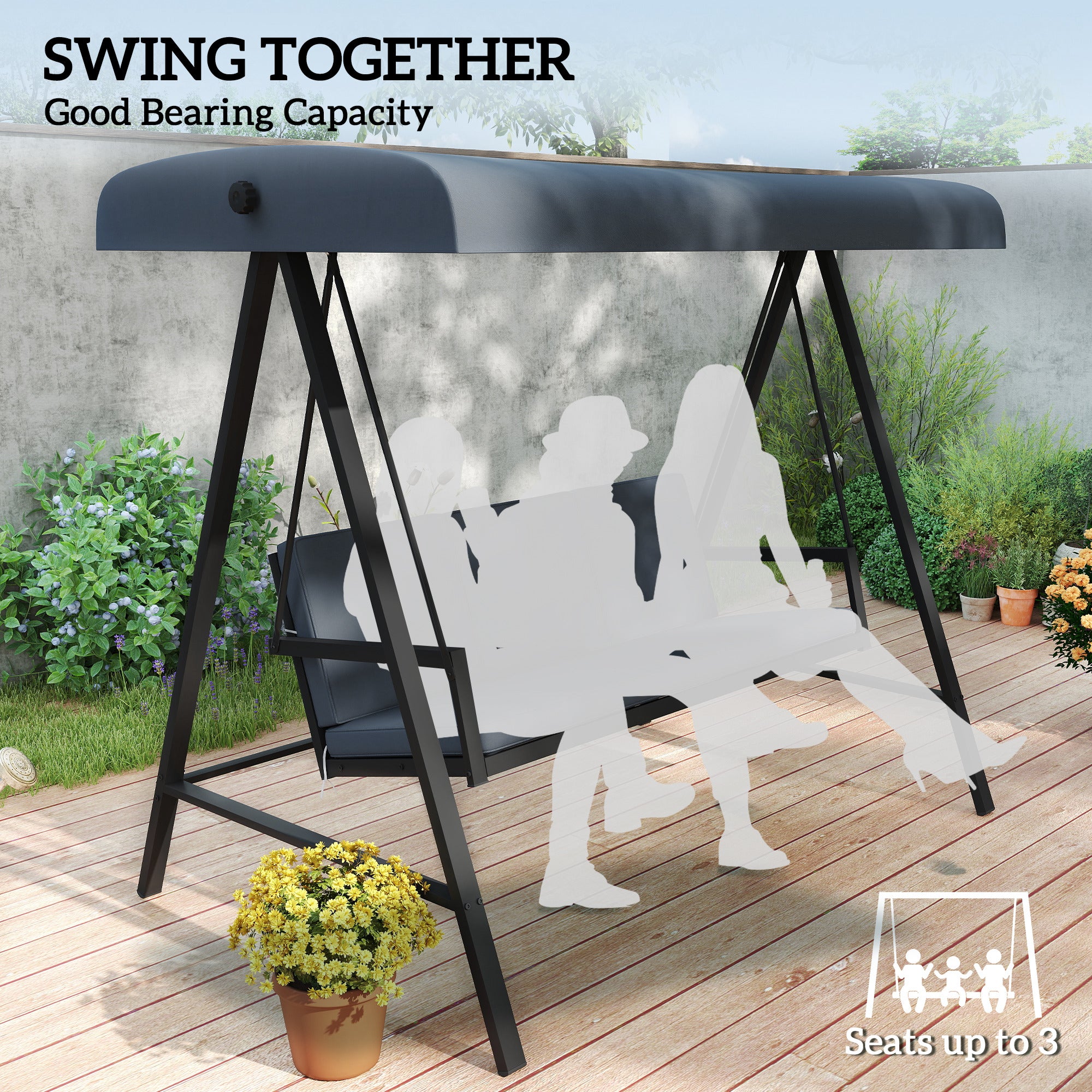 Outsunny 3 Seater Garden Swing Chair, Adjustable Canopy, Dark Grey