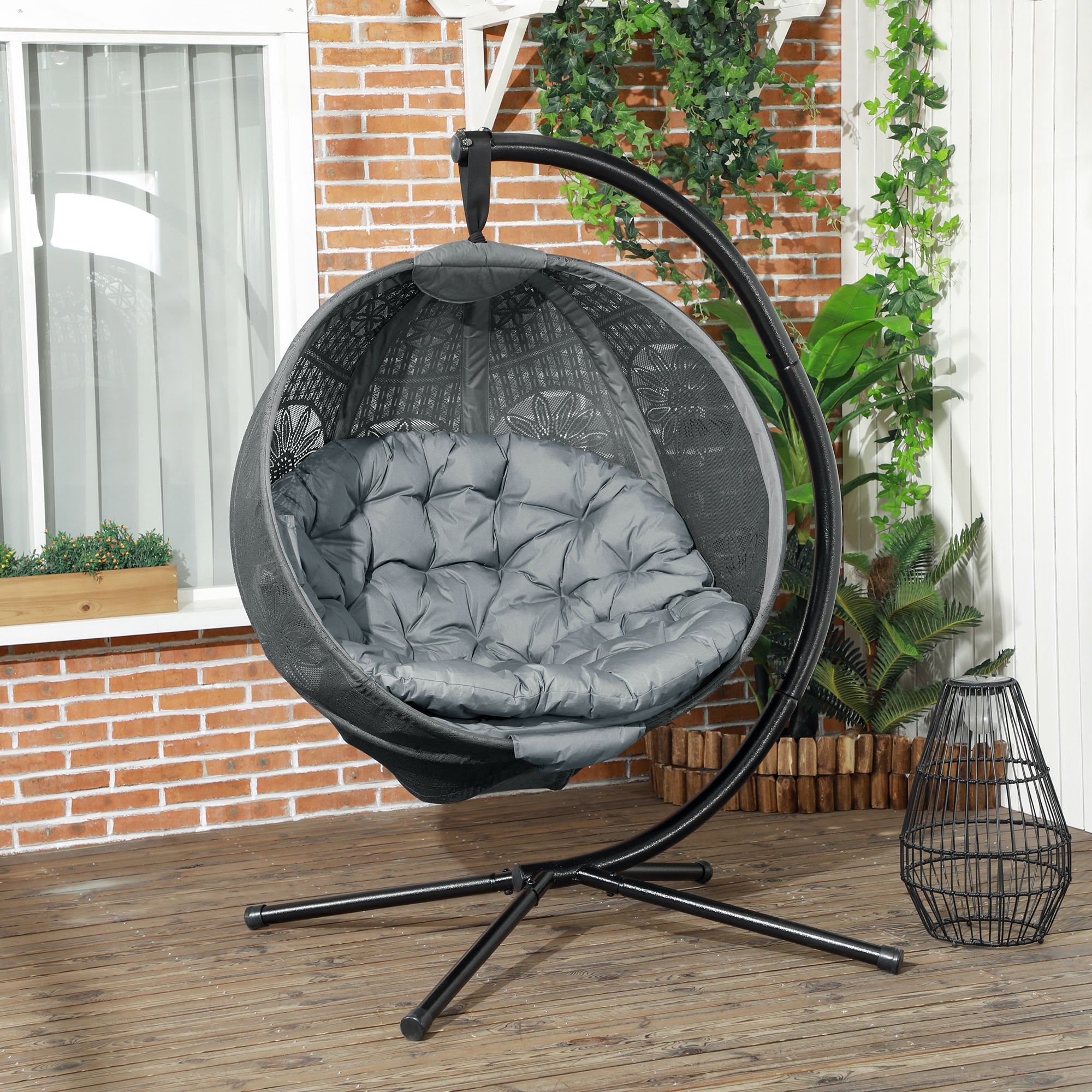 Outsunny Hanging Swing Chair with Metal Stand, Side Pocket, Grey