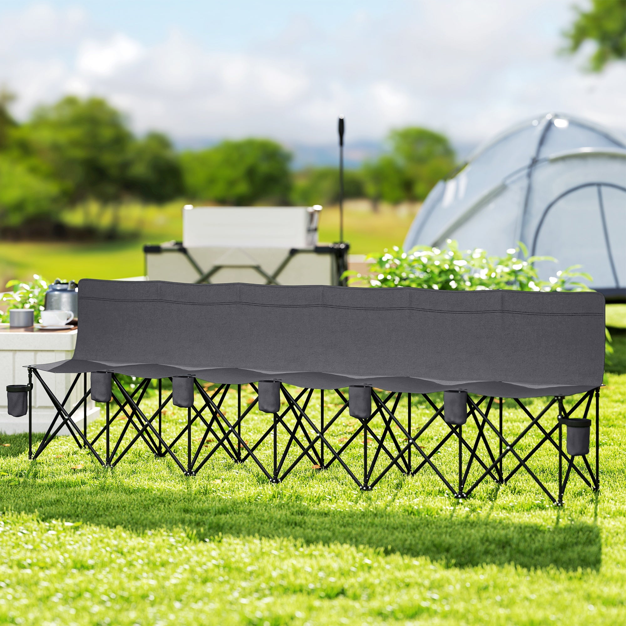 Outsunny 6-Seater Folding Camping Bench Chair with Cup Holders, Charcoal Grey