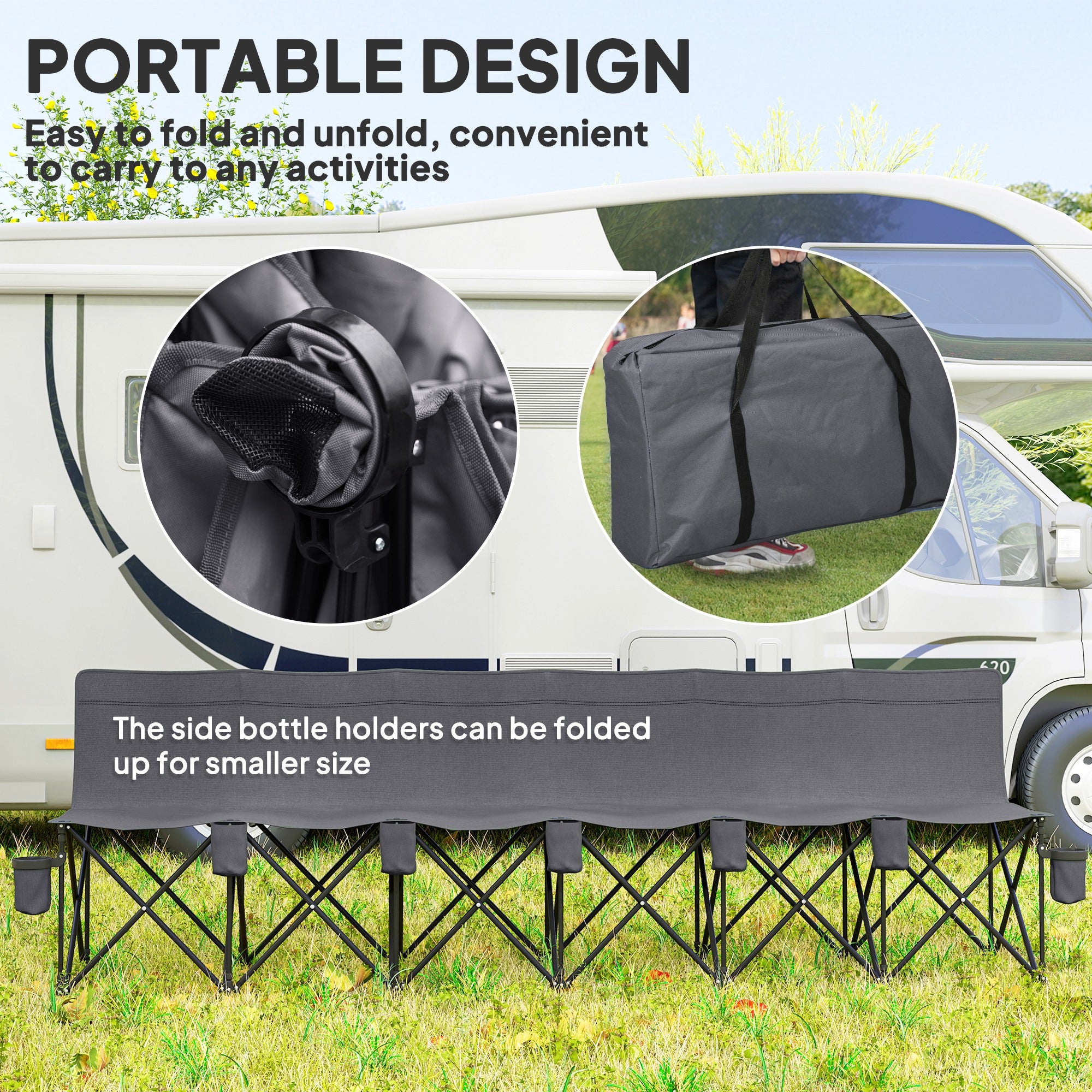 Outsunny 6-Seater Folding Camping Bench Chair with Cup Holders, Charcoal Grey