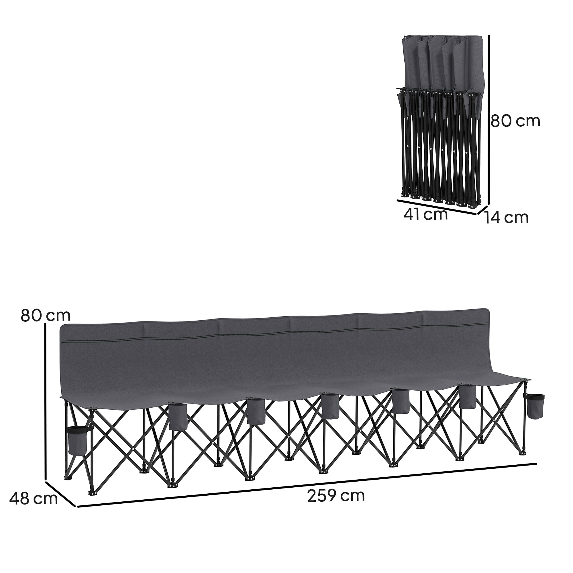 Outsunny 6-Seater Folding Camping Bench Chair with Cup Holders, Charcoal Grey