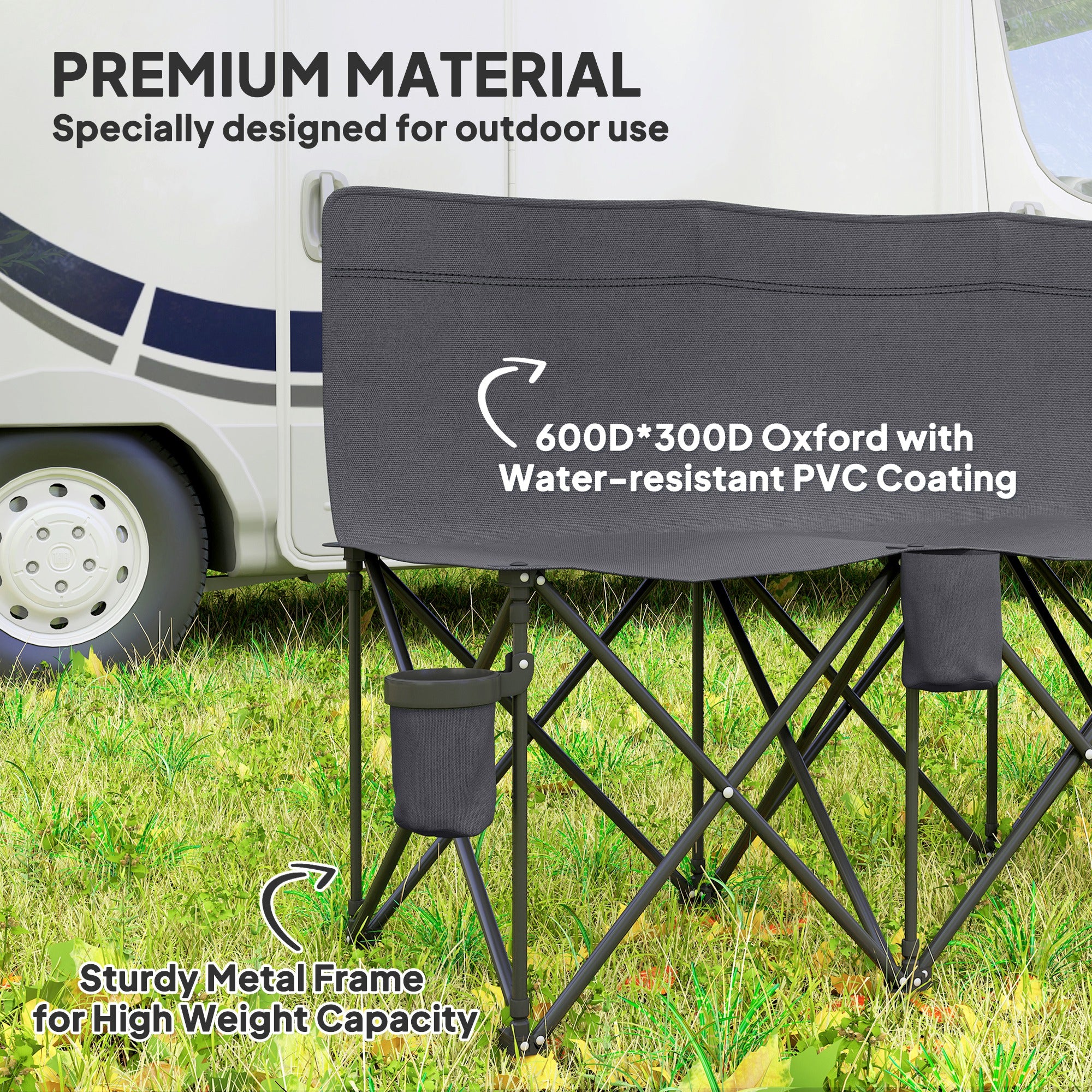 Outsunny 6-Seater Folding Camping Bench Chair with Cup Holders, Charcoal Grey