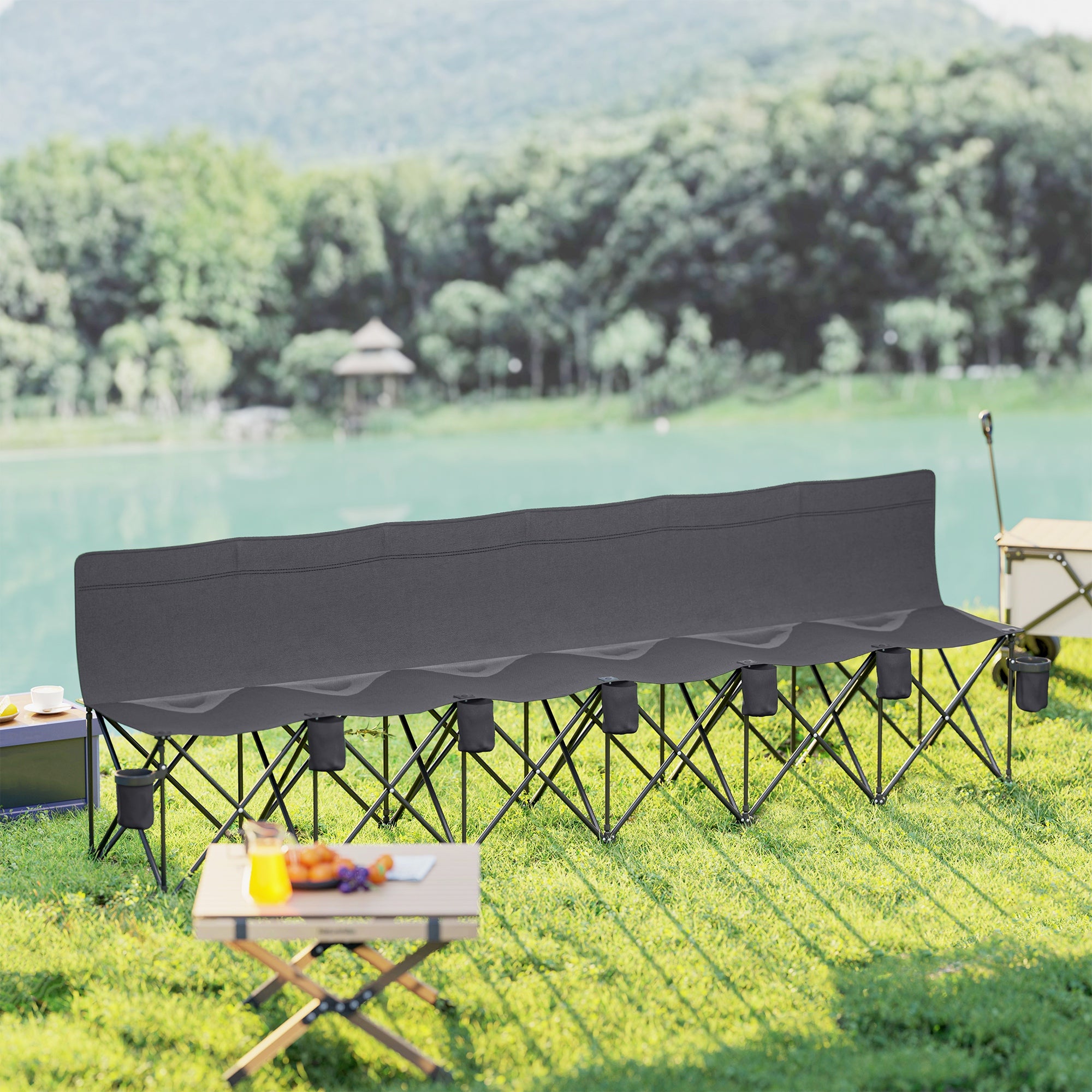 Outsunny 6-Seater Folding Camping Bench Chair with Cup Holders, Charcoal Grey