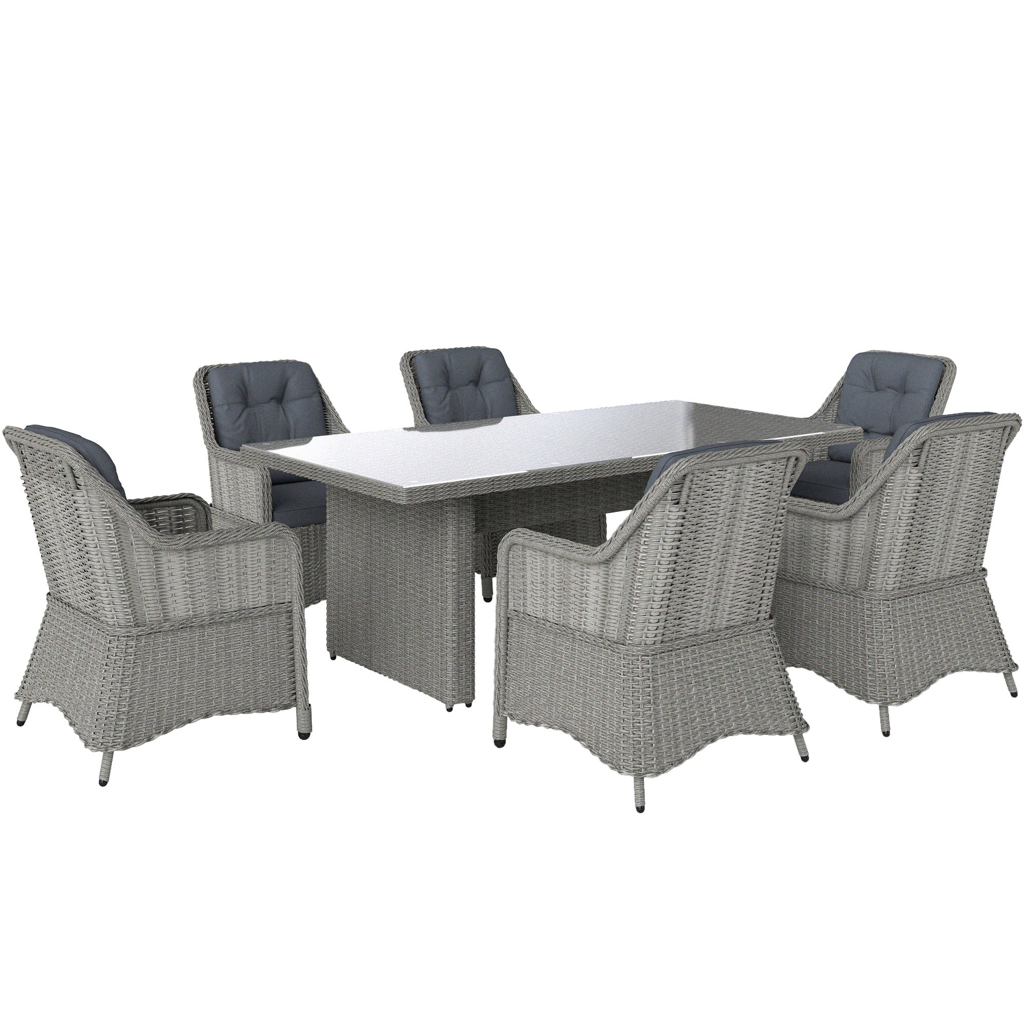 Outsunny 6 Seater Outdoor Rattan Dining Set with Glass Table, Cushions, Grey