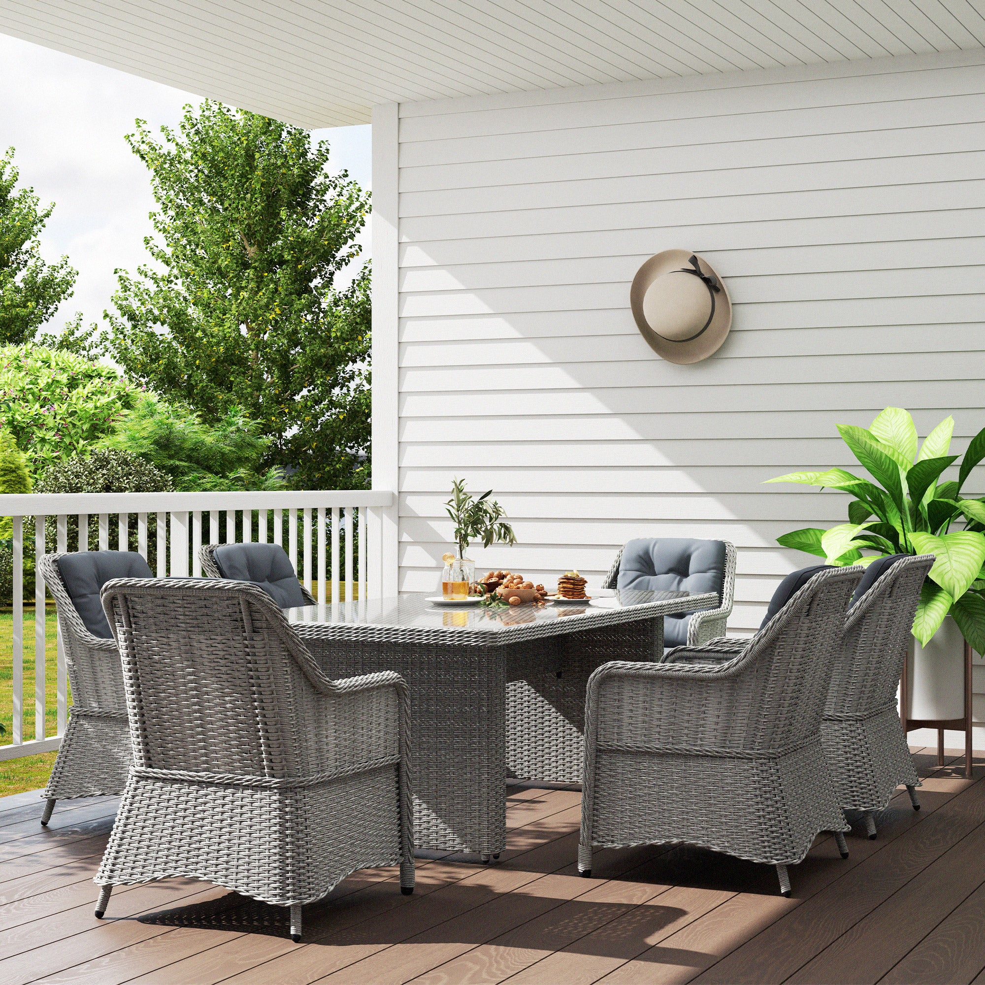 Outsunny 6 Seater Outdoor Rattan Dining Set with Glass Table, Cushions, Grey
