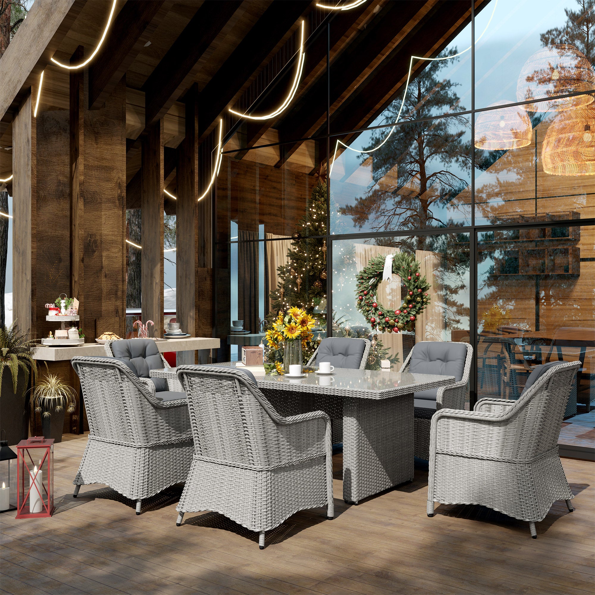 Outsunny 6 Seater Outdoor Rattan Dining Set with Glass Table, Cushions, Grey