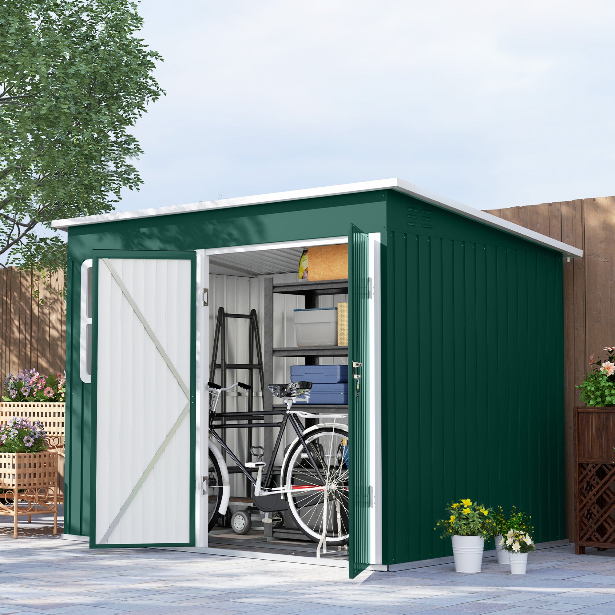Outsunny Green Galvanised Steel Garden Shed with Foundation Kit