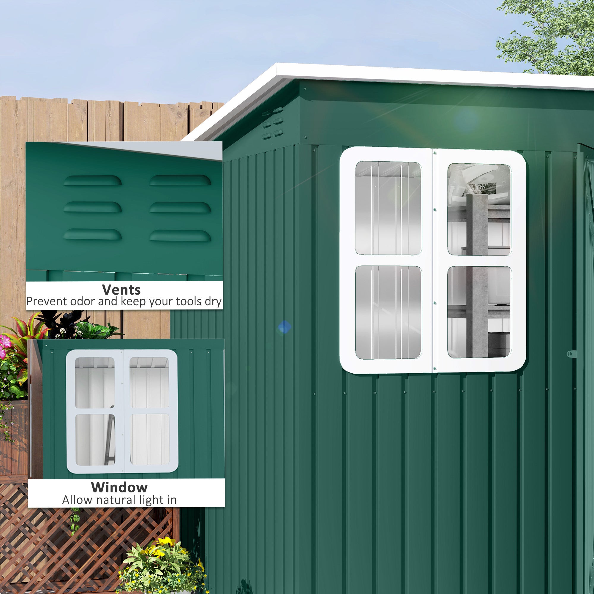 Outsunny Green Galvanised Steel Garden Shed with Foundation Kit
