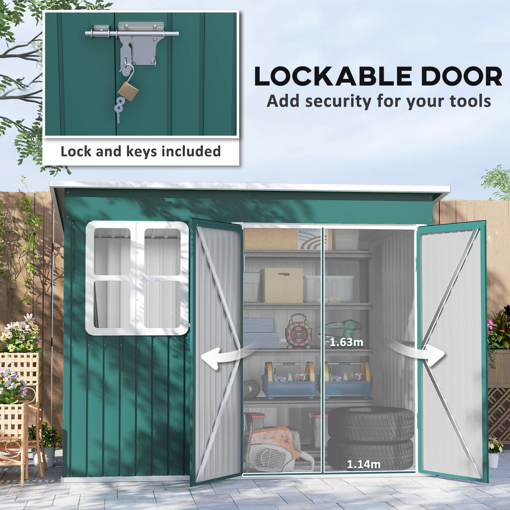 Outsunny Green Galvanised Steel Garden Shed with Foundation Kit