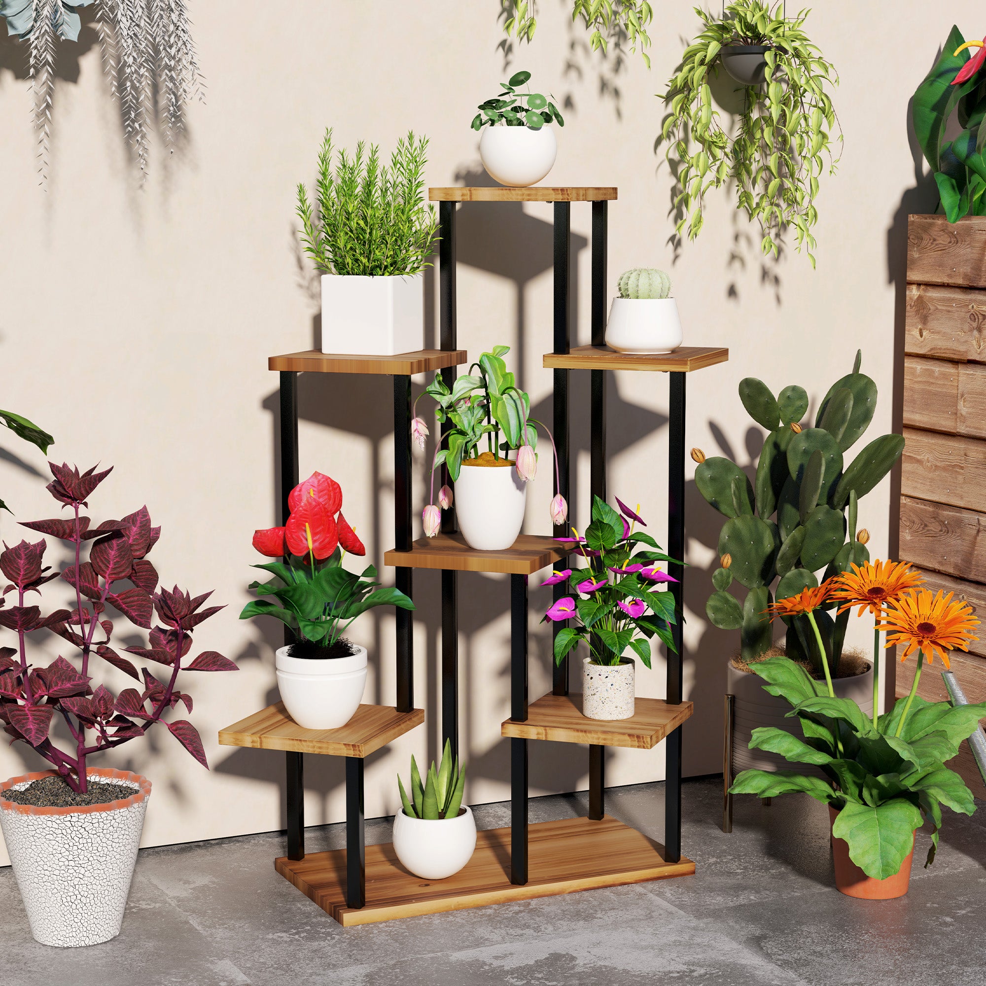 Outsunny 7-Tier Tall Plant Stand, Steel Frame & Fir Wood Base