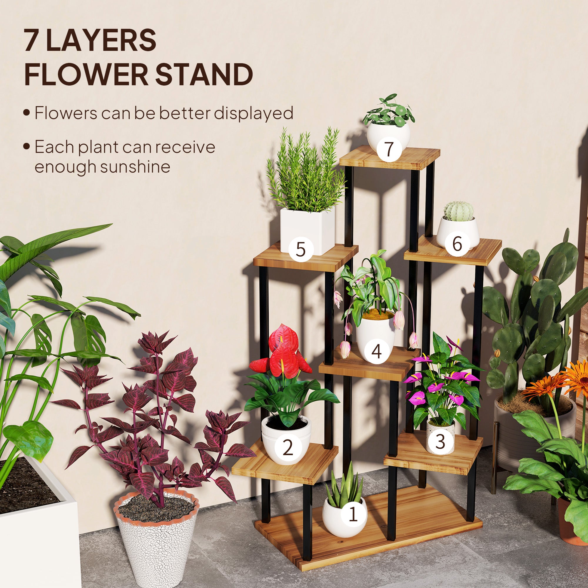 Outsunny 7-Tier Tall Plant Stand, Steel Frame & Fir Wood Base