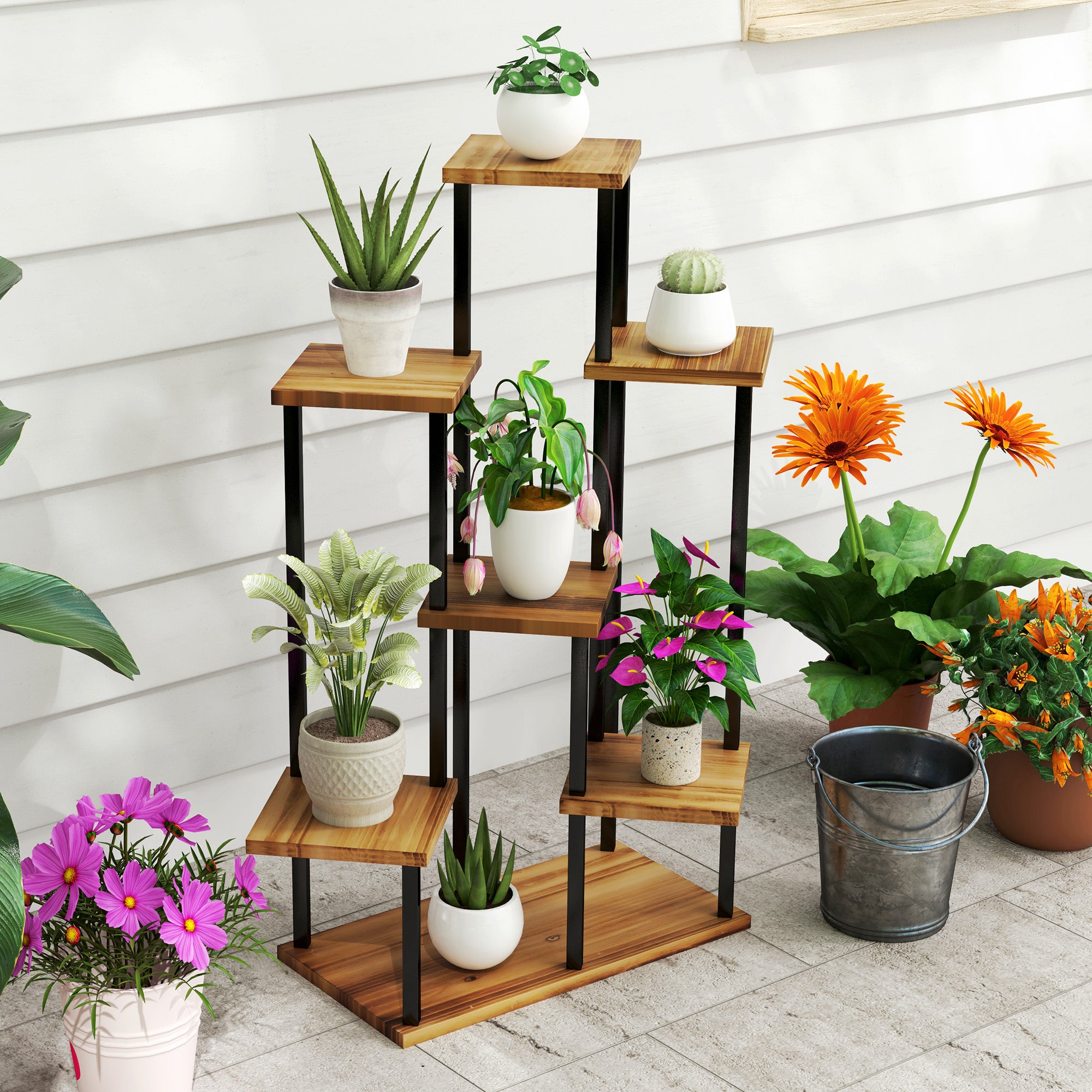 Outsunny 7-Tier Tall Plant Stand, Steel Frame & Fir Wood Base
