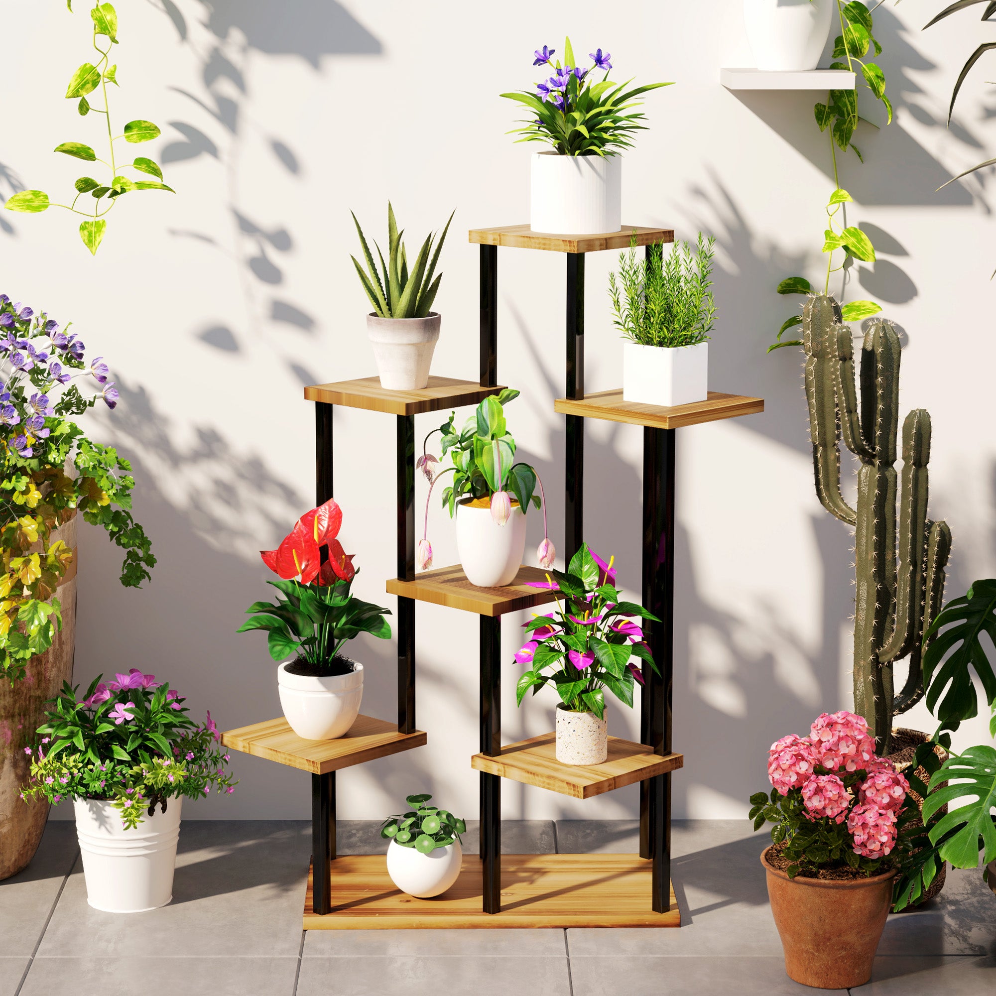 Outsunny 7-Tier Tall Plant Stand, Steel Frame & Fir Wood Base