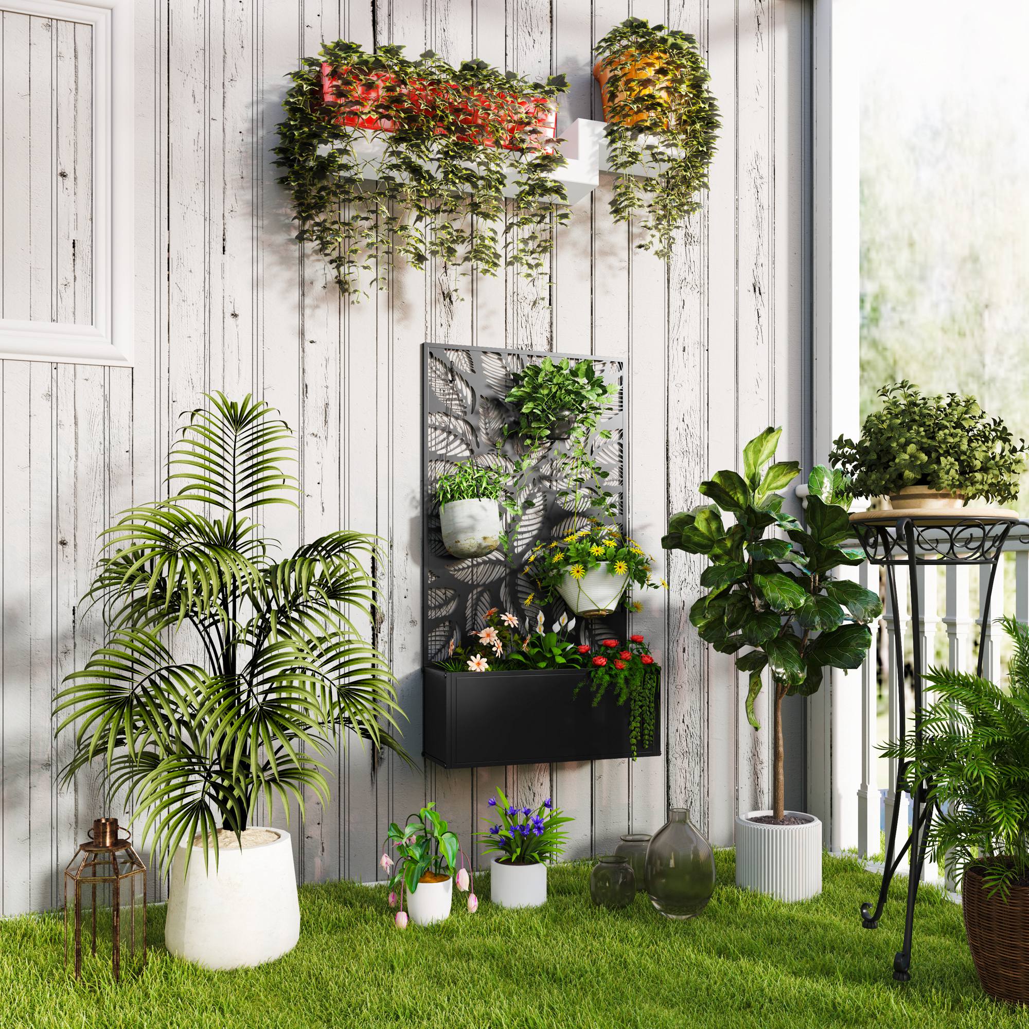 Outsunny Metal Raised Garden Bed with Trellis, Wall-Mounted Planter