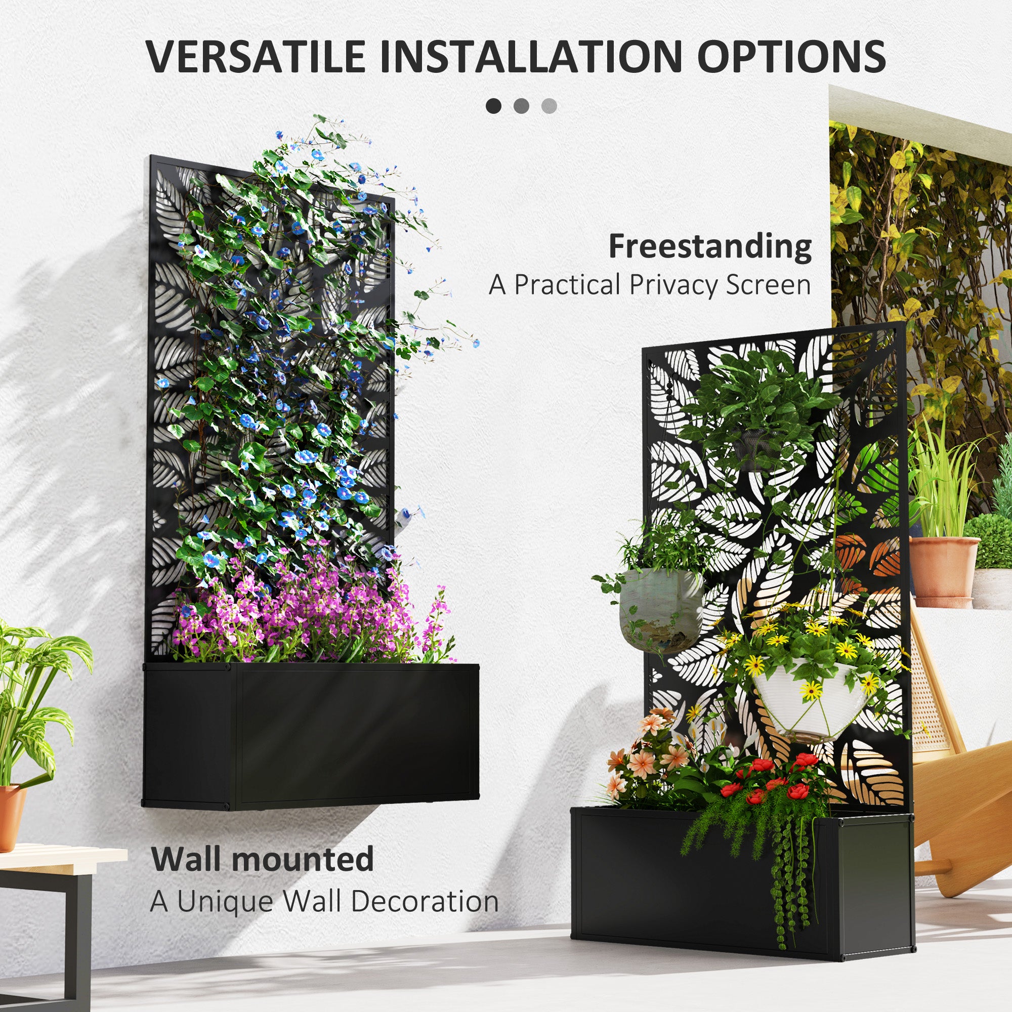 Outsunny Metal Raised Garden Bed with Trellis, Wall-Mounted Planter