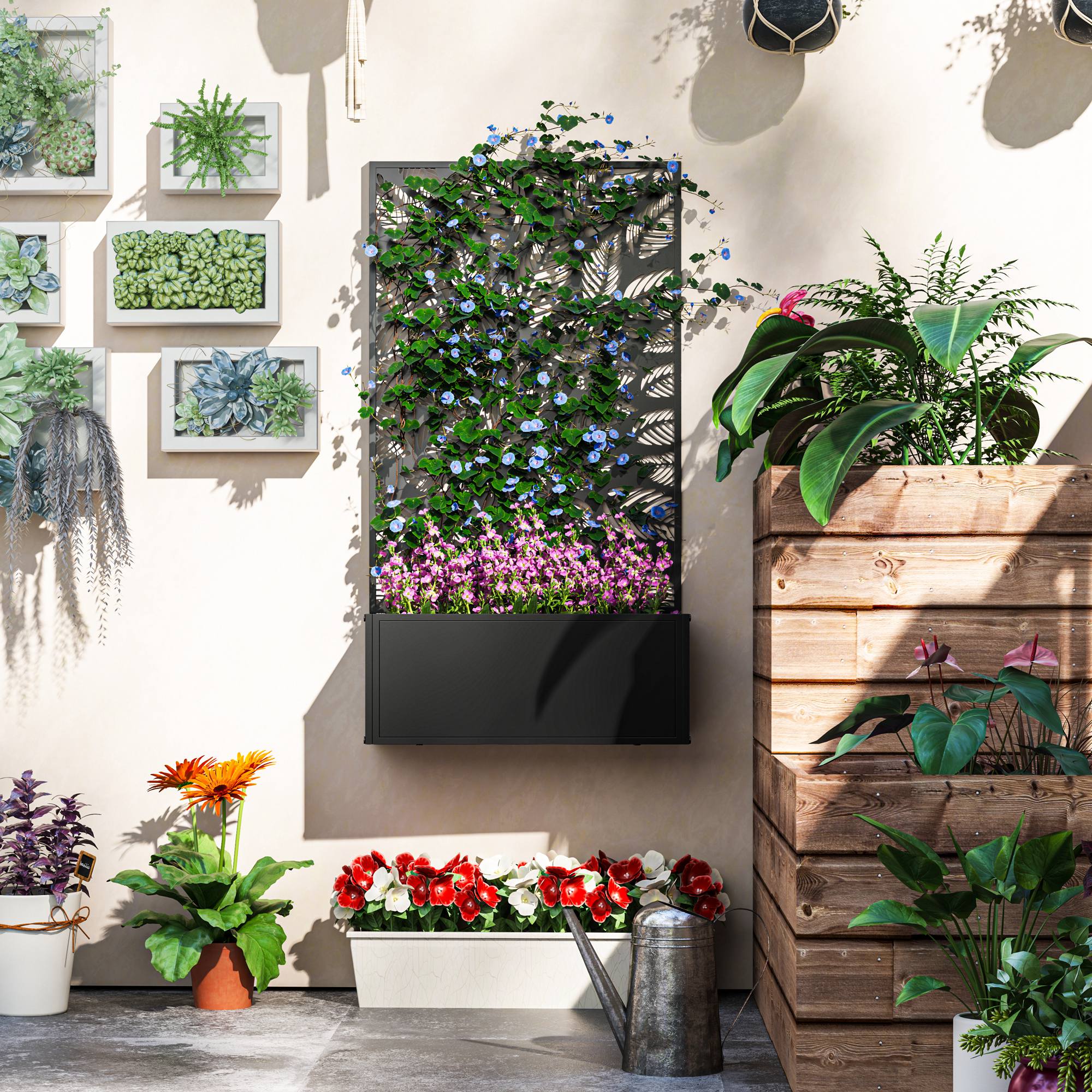 Outsunny Metal Raised Garden Bed with Trellis, Wall-Mounted Planter