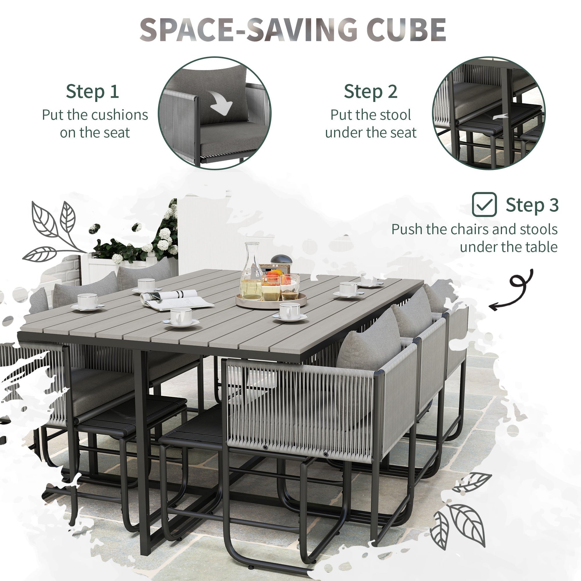 Outsunny Grey Rattan Garden Dining Set with Space-Saving Design