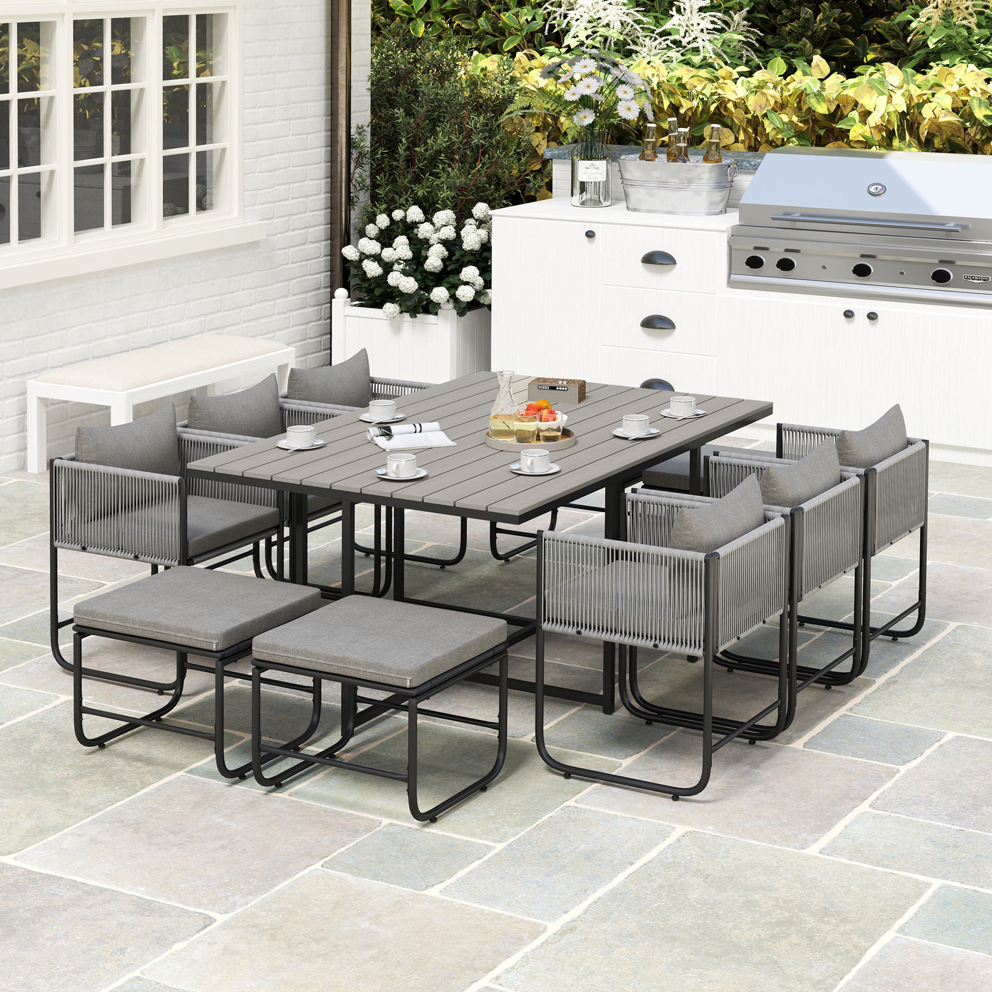 Outsunny Grey Rattan Garden Dining Set with Space-Saving Design
