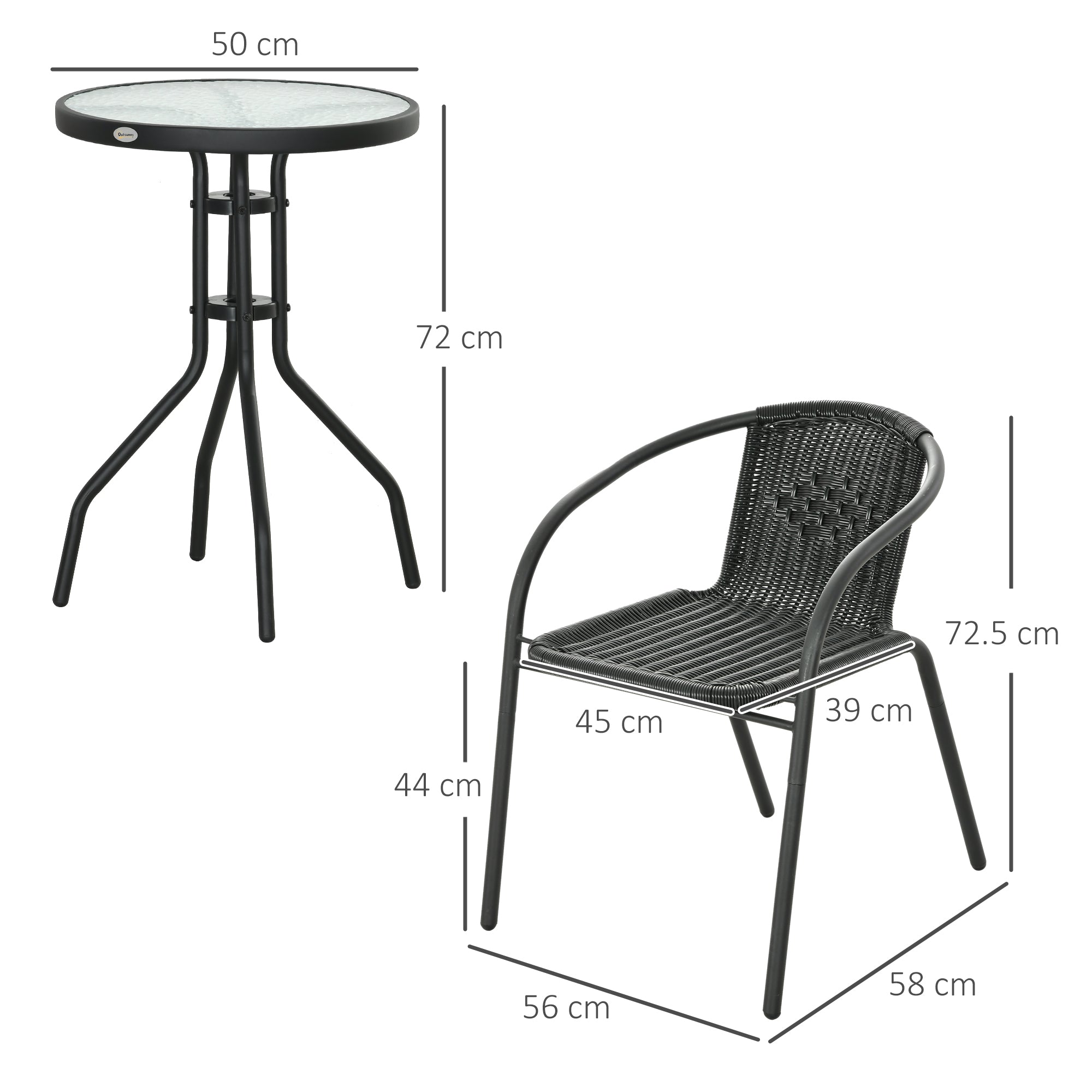 Outsunny 3-Piece Garden Furniture Set with Stackable Chairs, Black