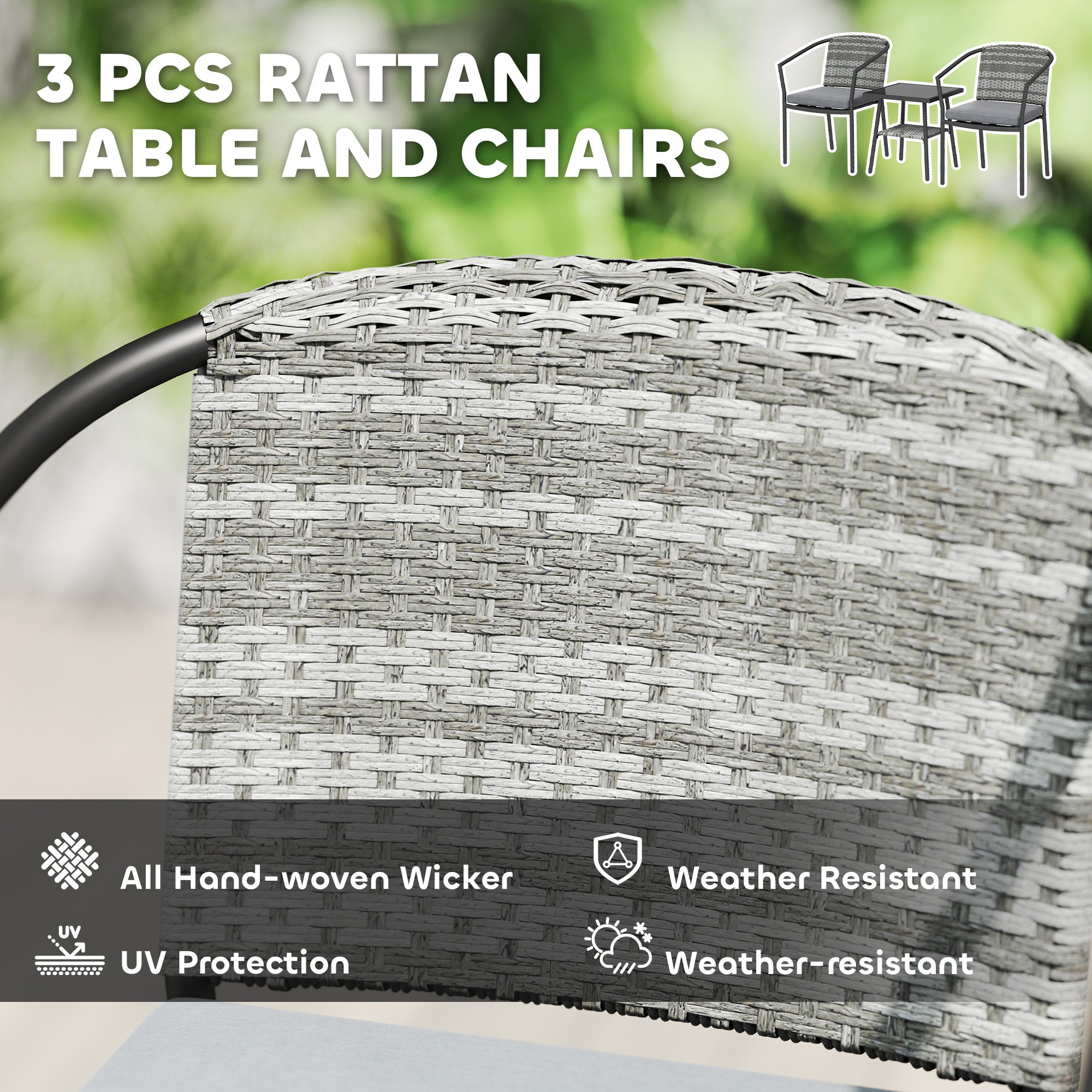Outsunny 3-Piece Grey Rattan Bistro Set with Cushions and Glass Table