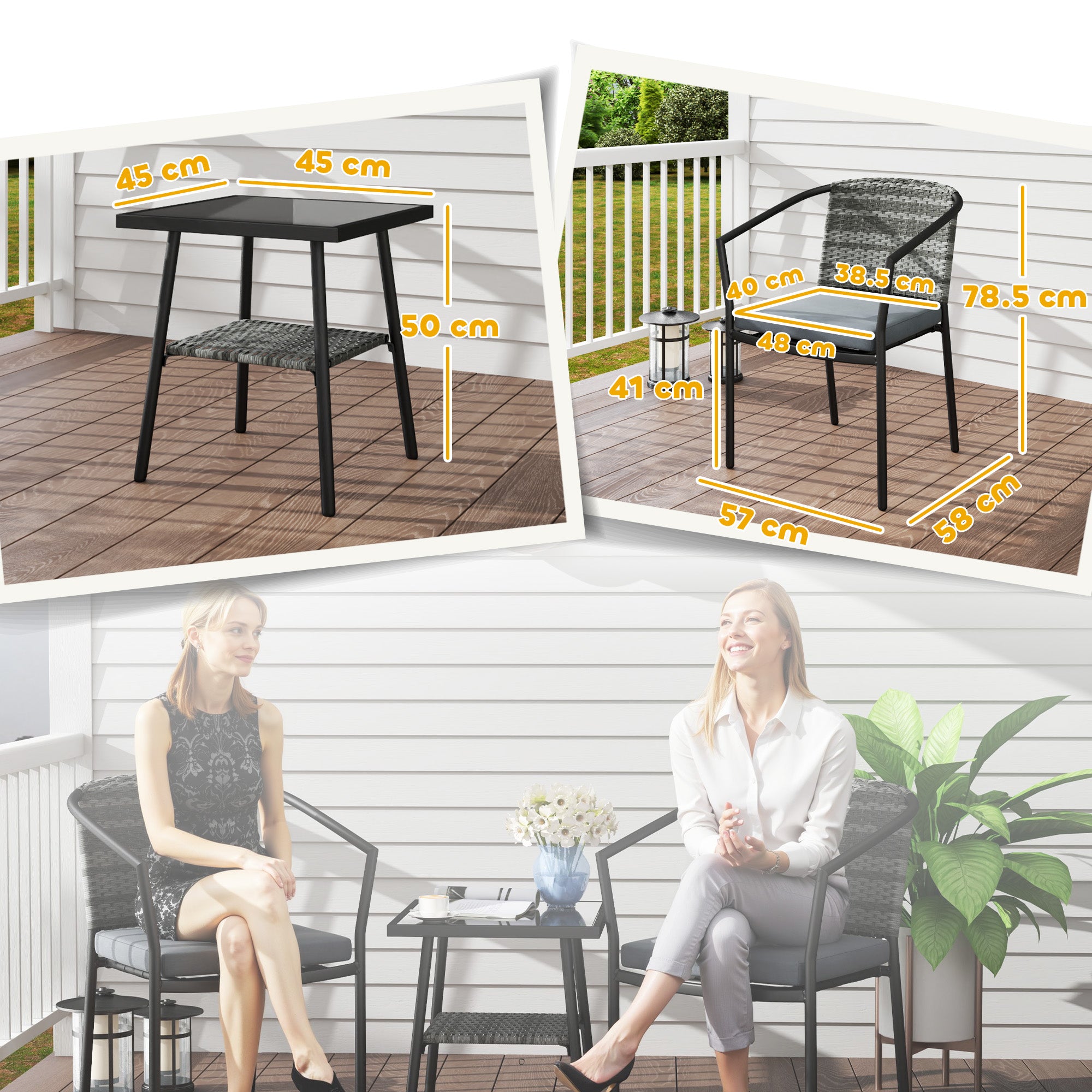 Outsunny 3-Piece Grey Rattan Bistro Set with Cushions and Glass Table