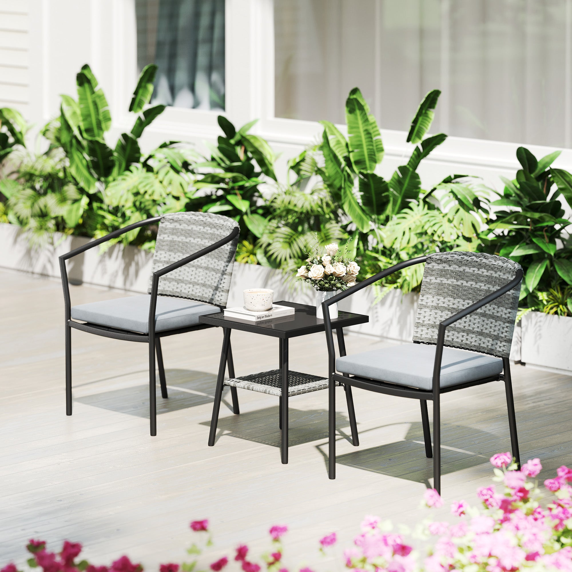 Outsunny 3-Piece Grey Rattan Bistro Set with Cushions and Glass Table