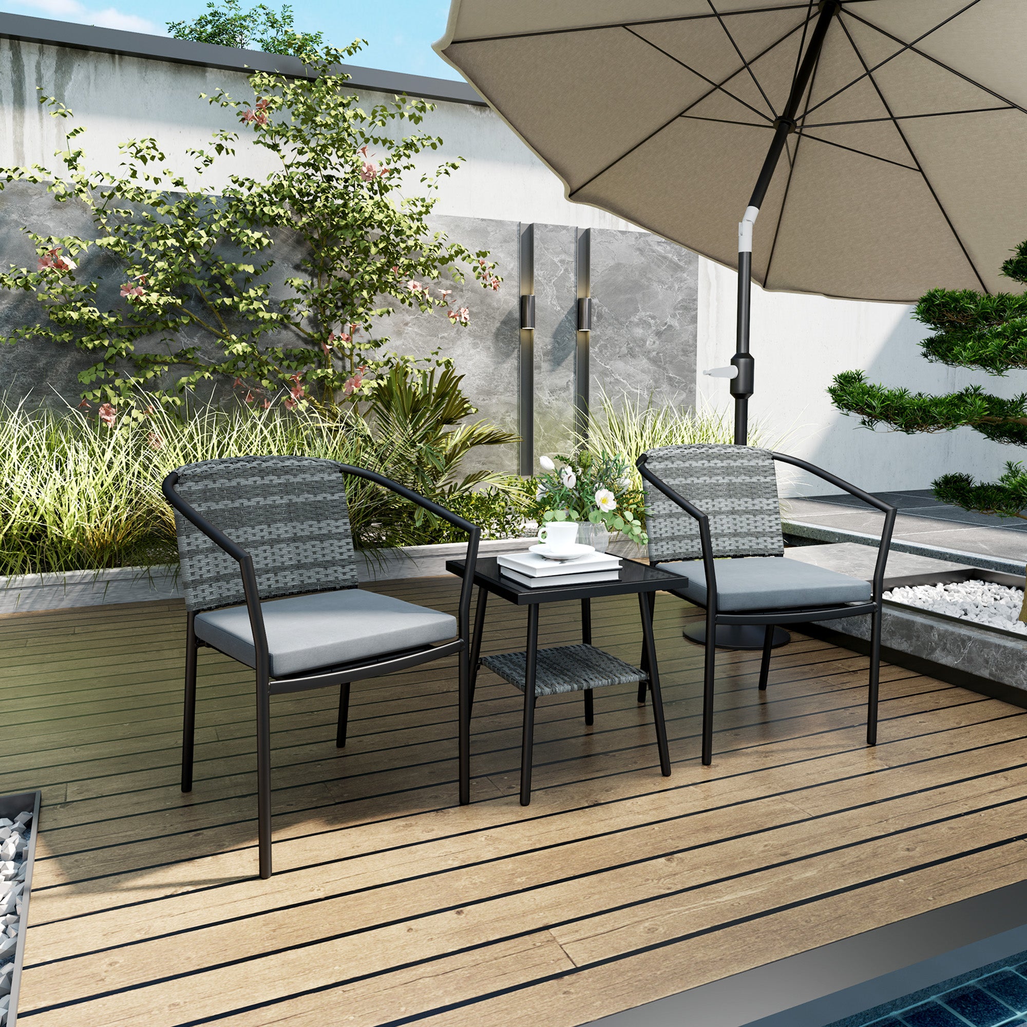Outsunny 3-Piece Grey Rattan Bistro Set with Cushions and Glass Table