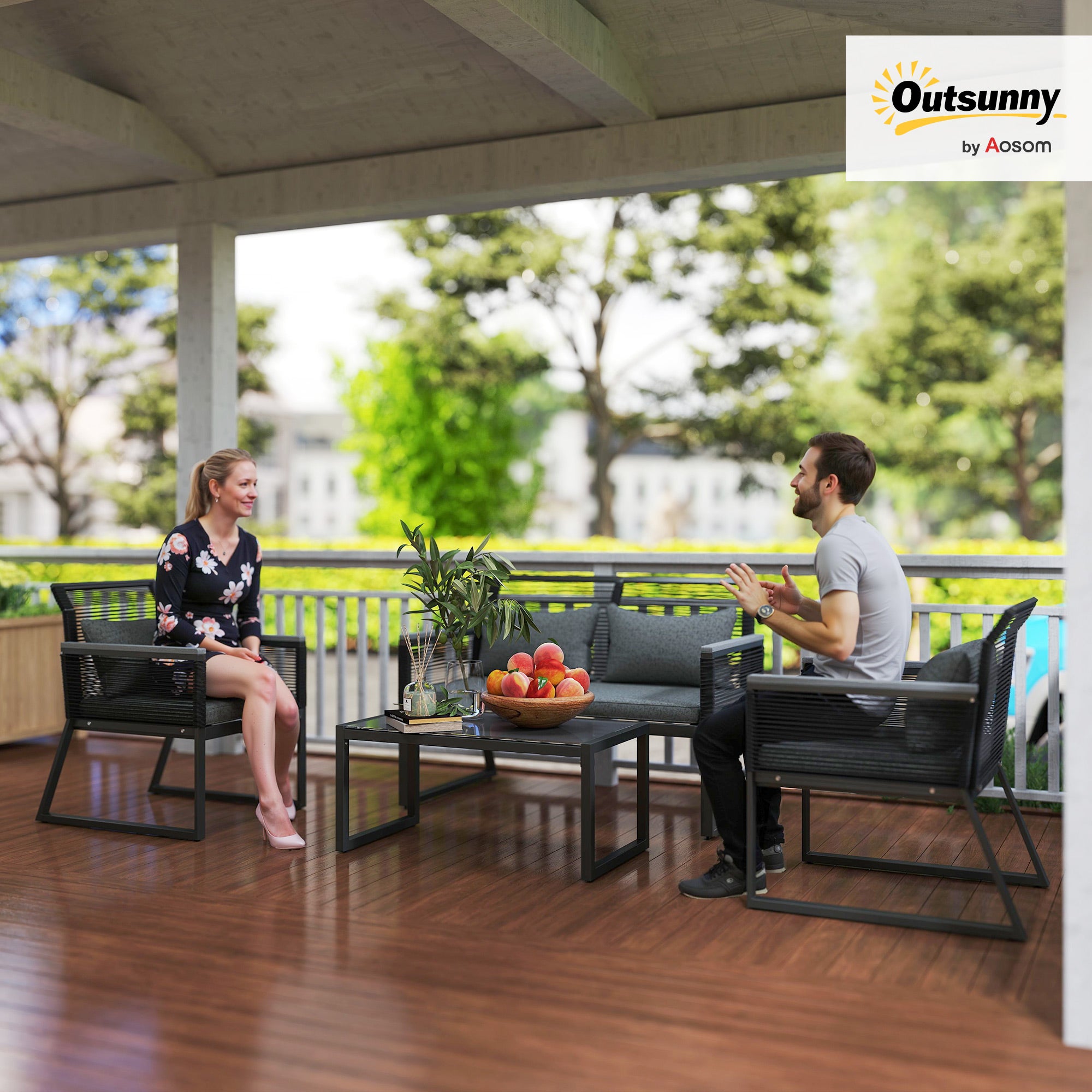 Outsunny 4-Piece Rattan Patio Furniture Set, Charcoal Grey