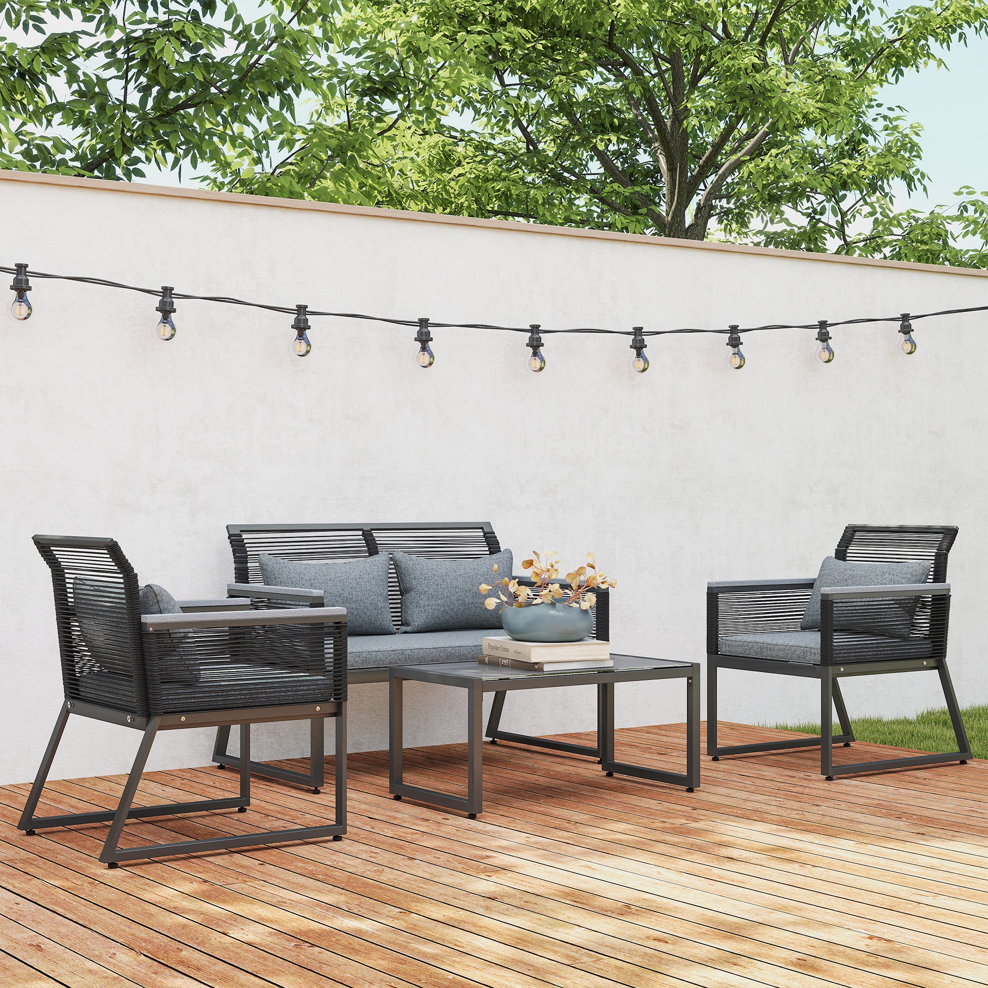 Outsunny 4-Piece Rattan Patio Furniture Set, Charcoal Grey
