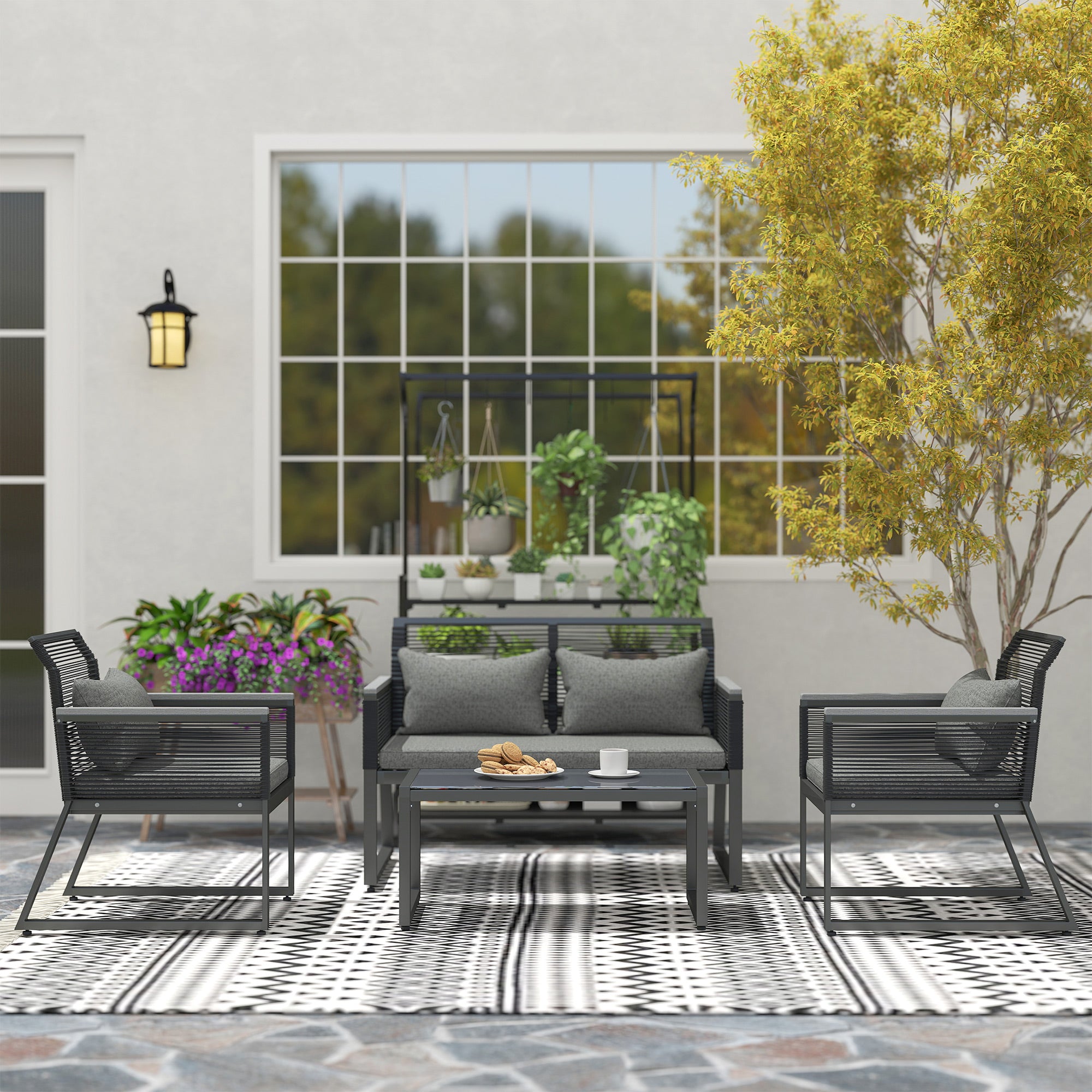 Outsunny 4-Piece Rattan Patio Furniture Set, Charcoal Grey