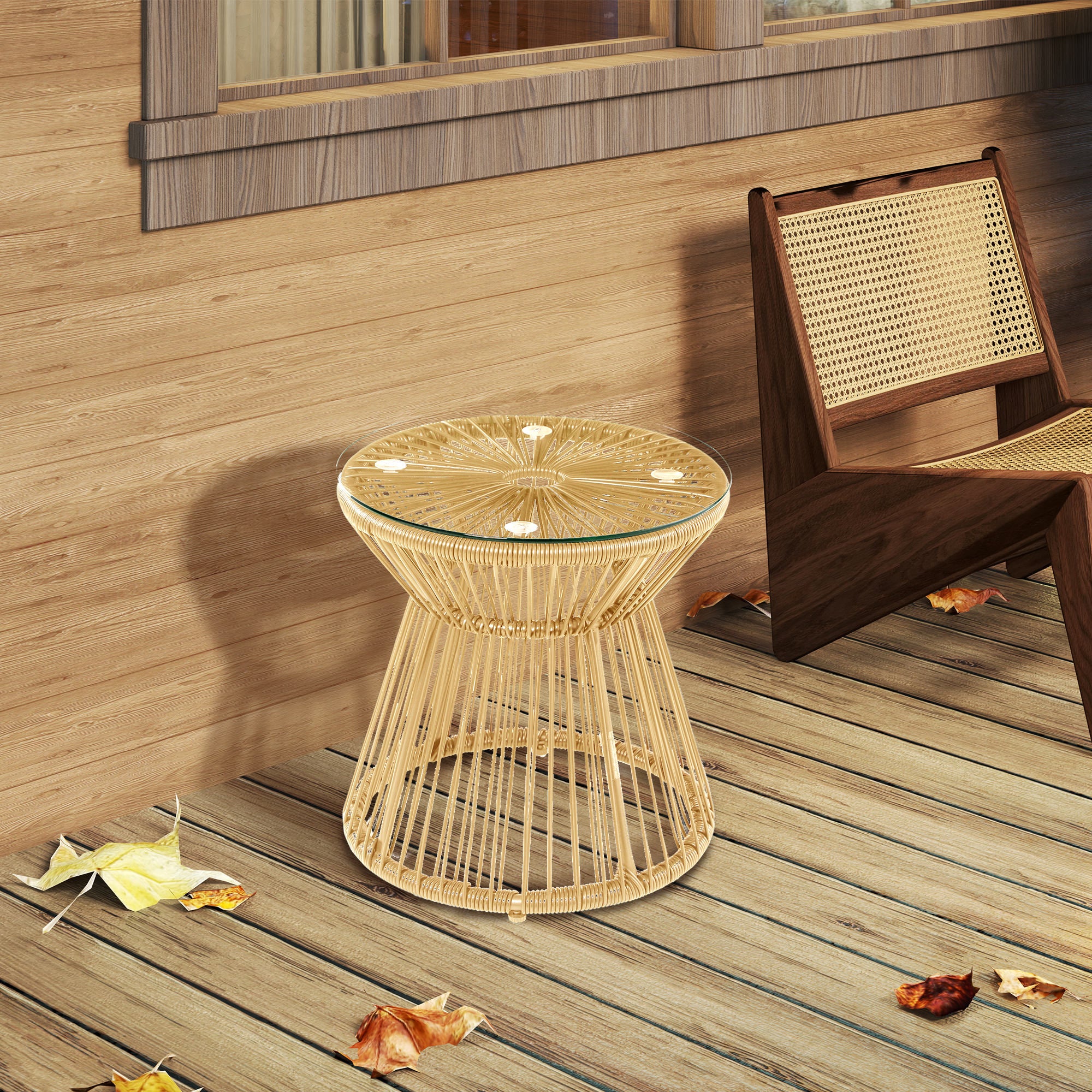 Outsunny Round PE Rattan Side Table with Glass Top, Natural