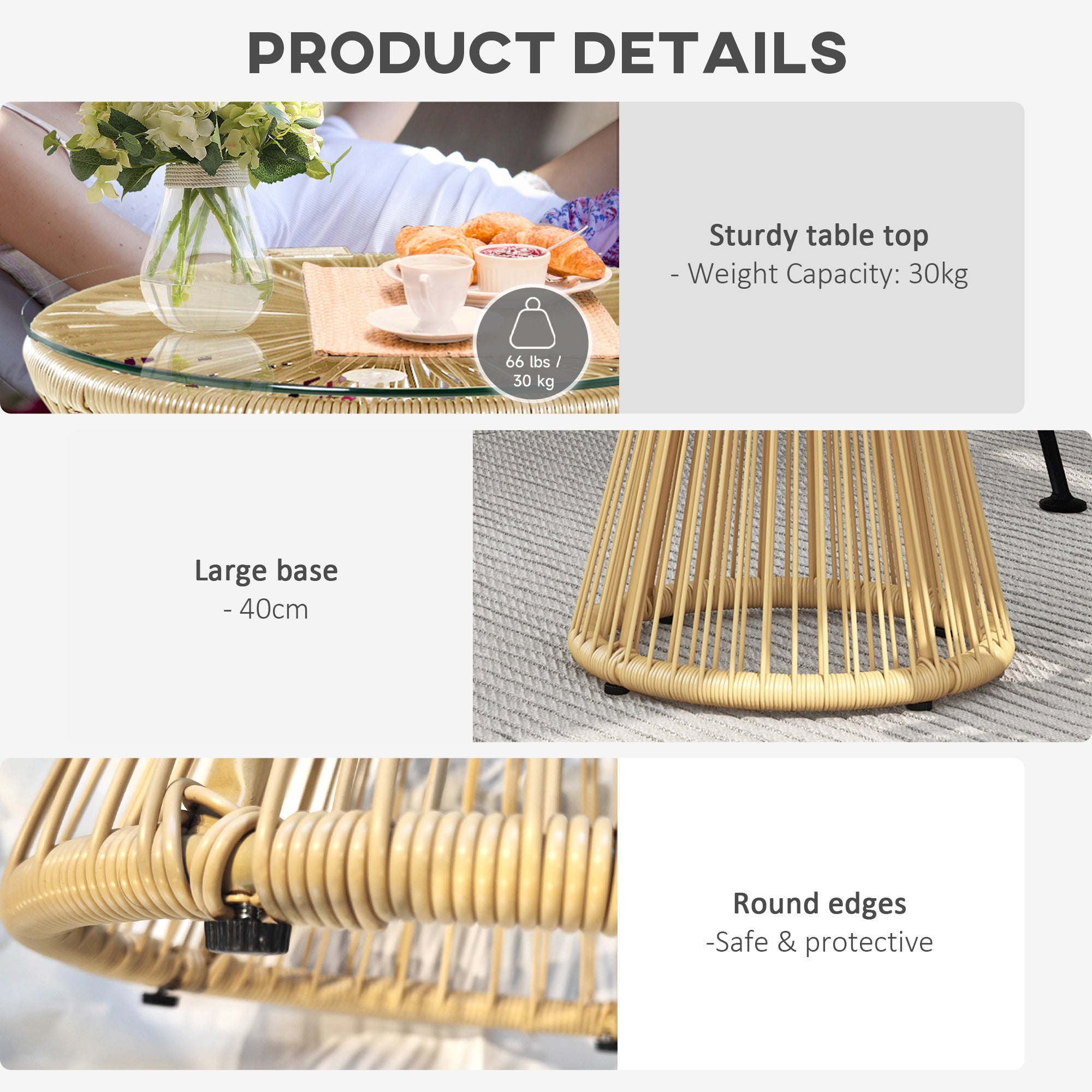 Outsunny Round PE Rattan Side Table with Glass Top, Natural