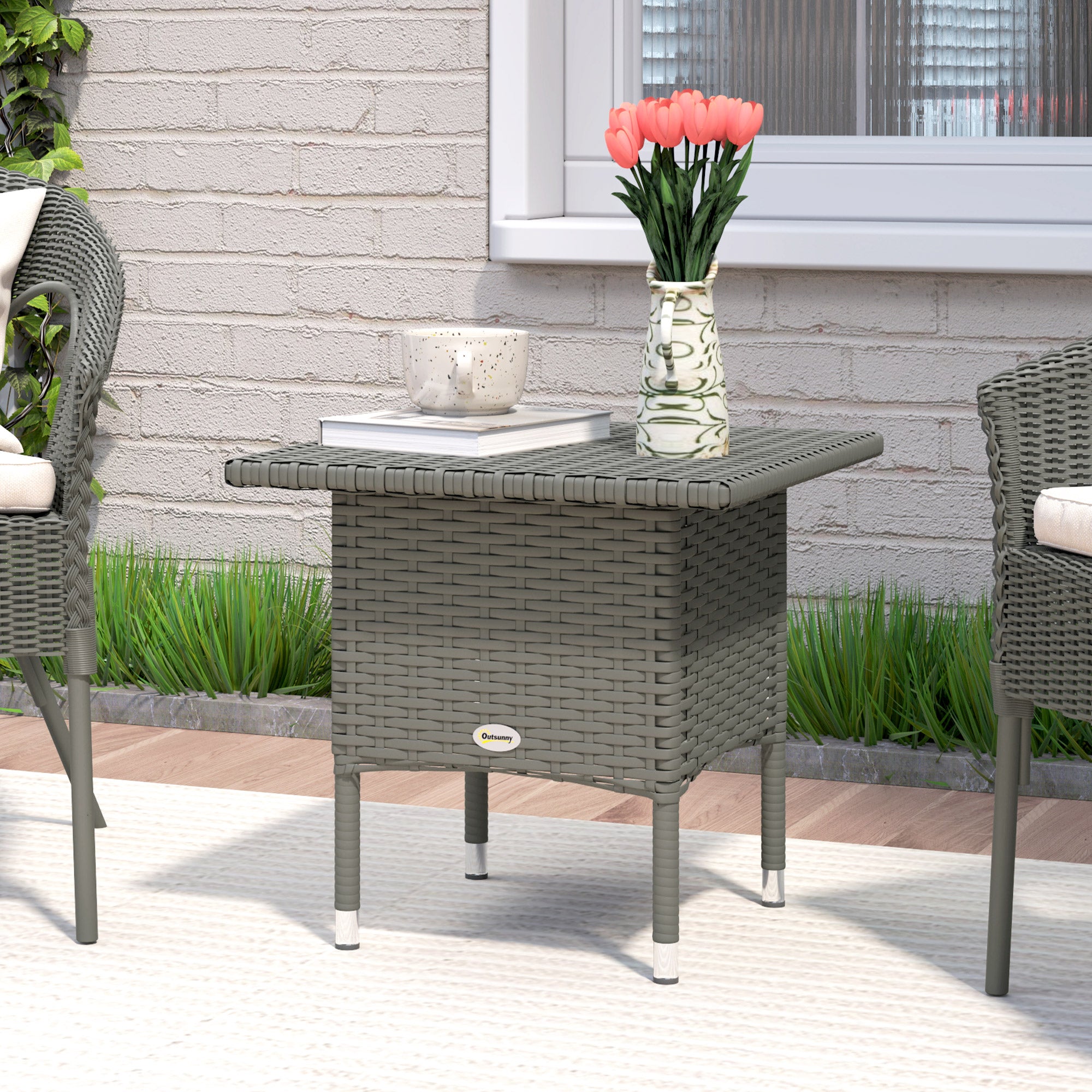 Outsunny Grey PE Rattan Outdoor Coffee Table with Steel Frame