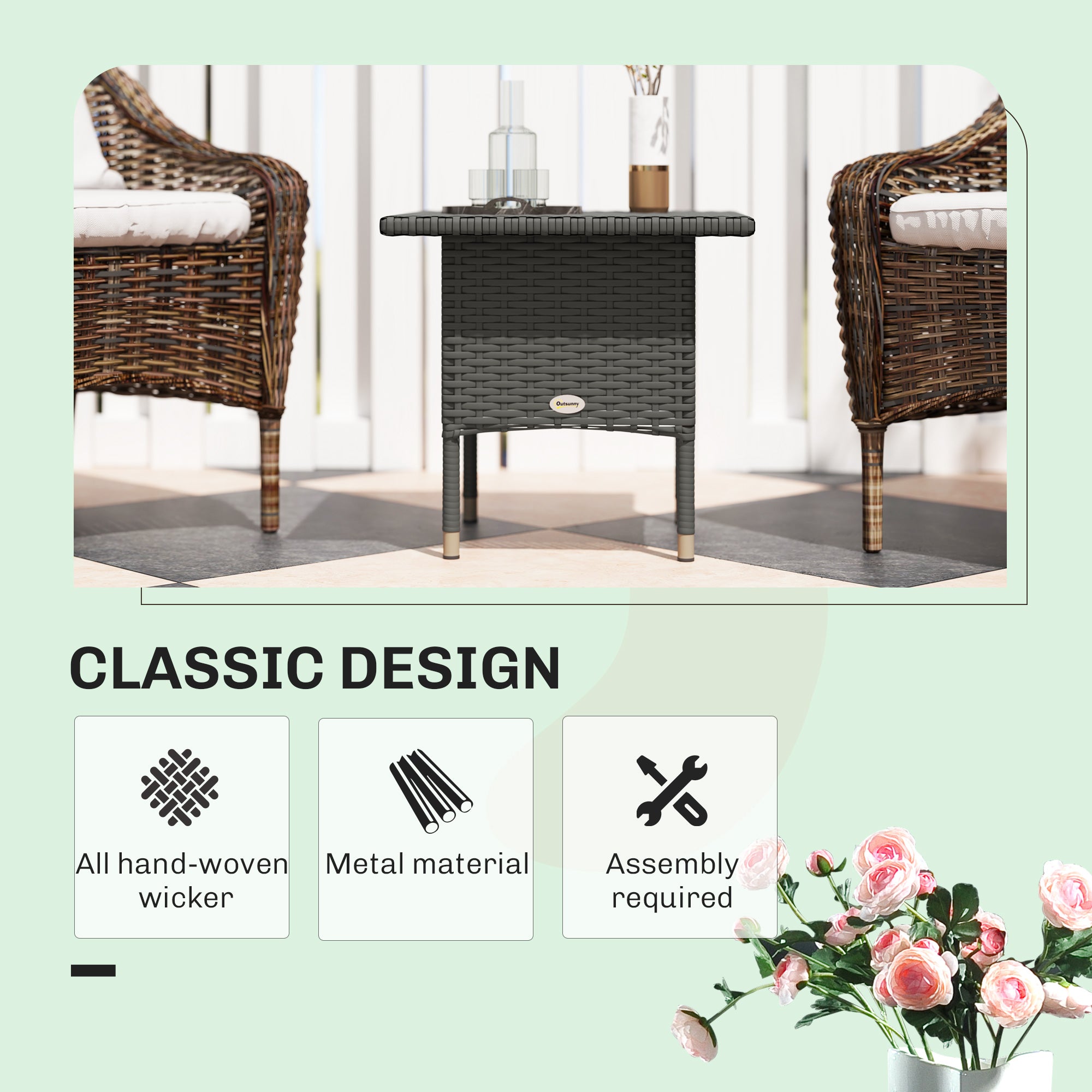 Outsunny Grey PE Rattan Outdoor Coffee Table with Steel Frame