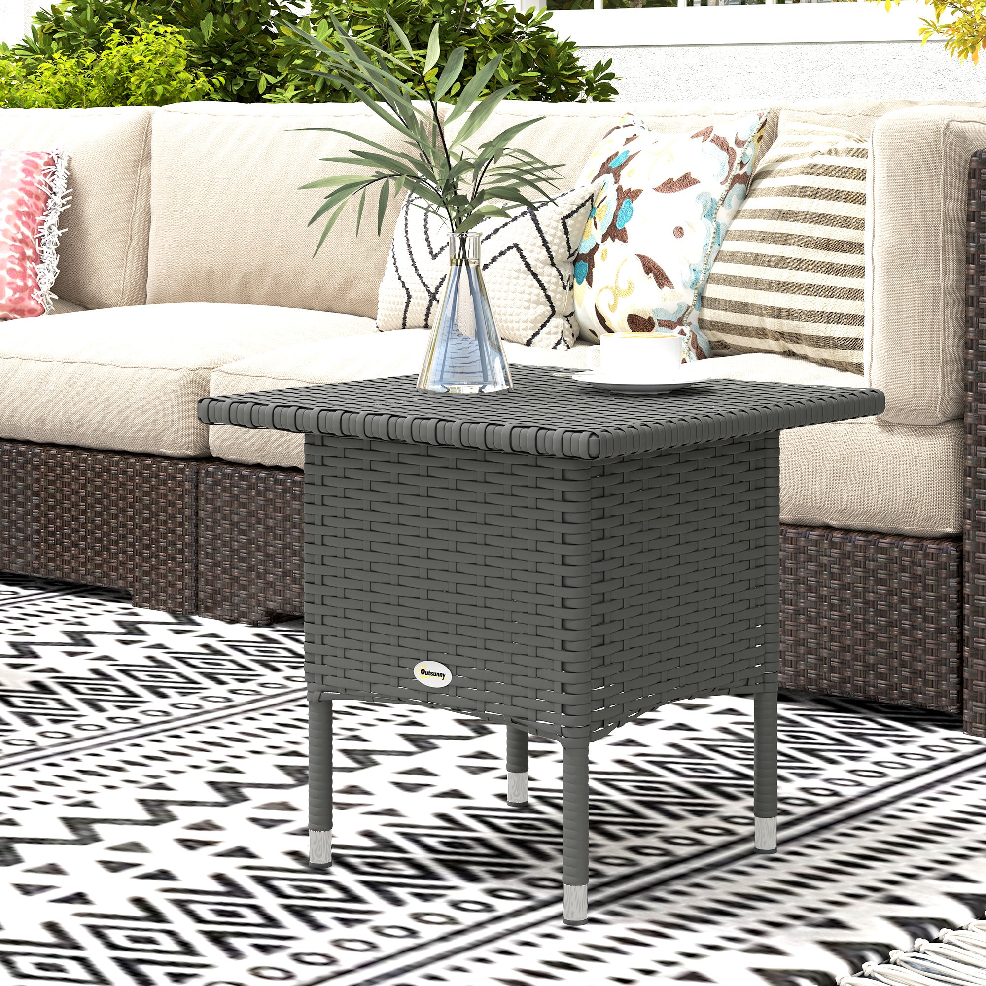 Outsunny Grey PE Rattan Outdoor Coffee Table with Steel Frame